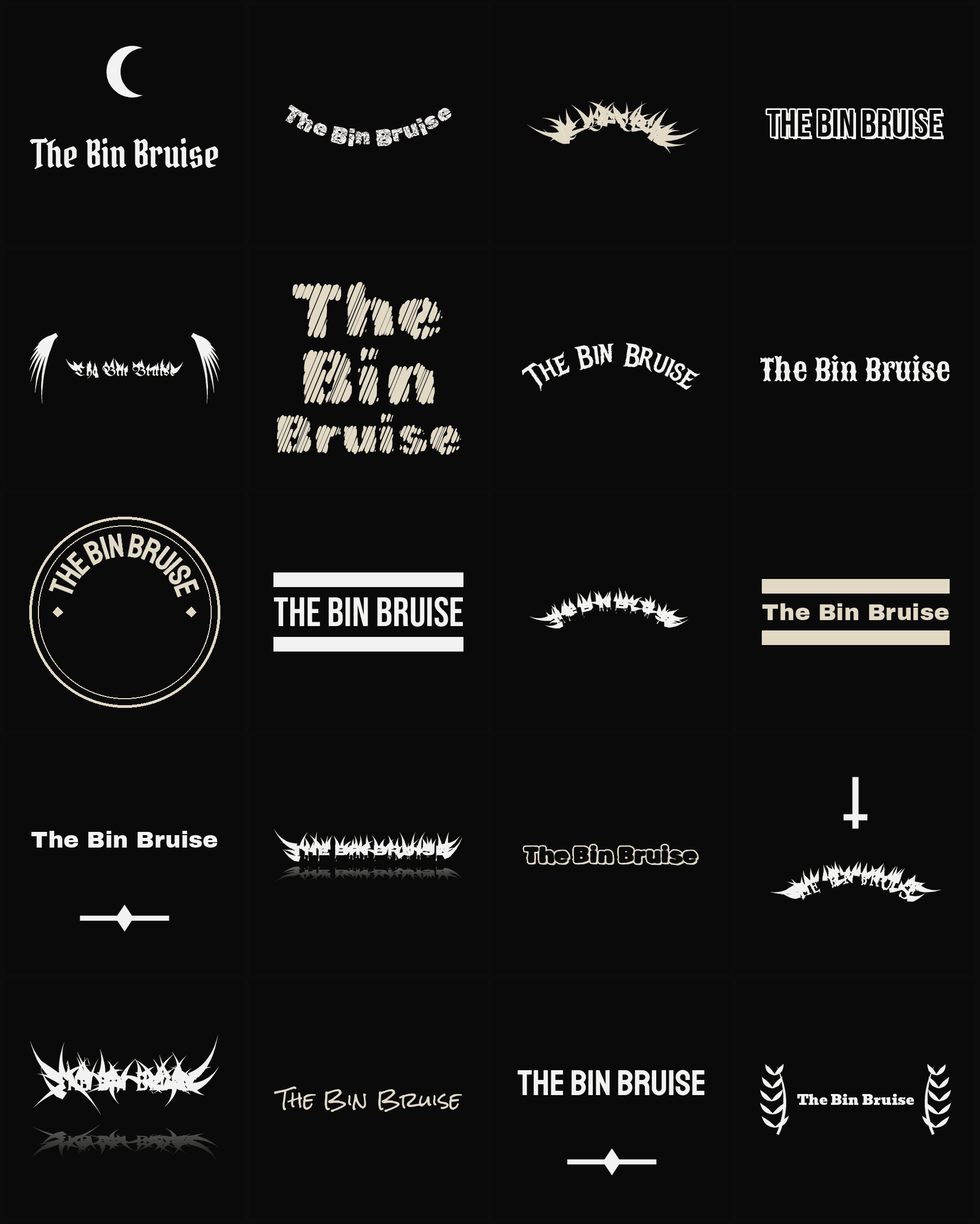 Twenty The Bin Bruise band logo ideas — different faces, treatments and spike settings