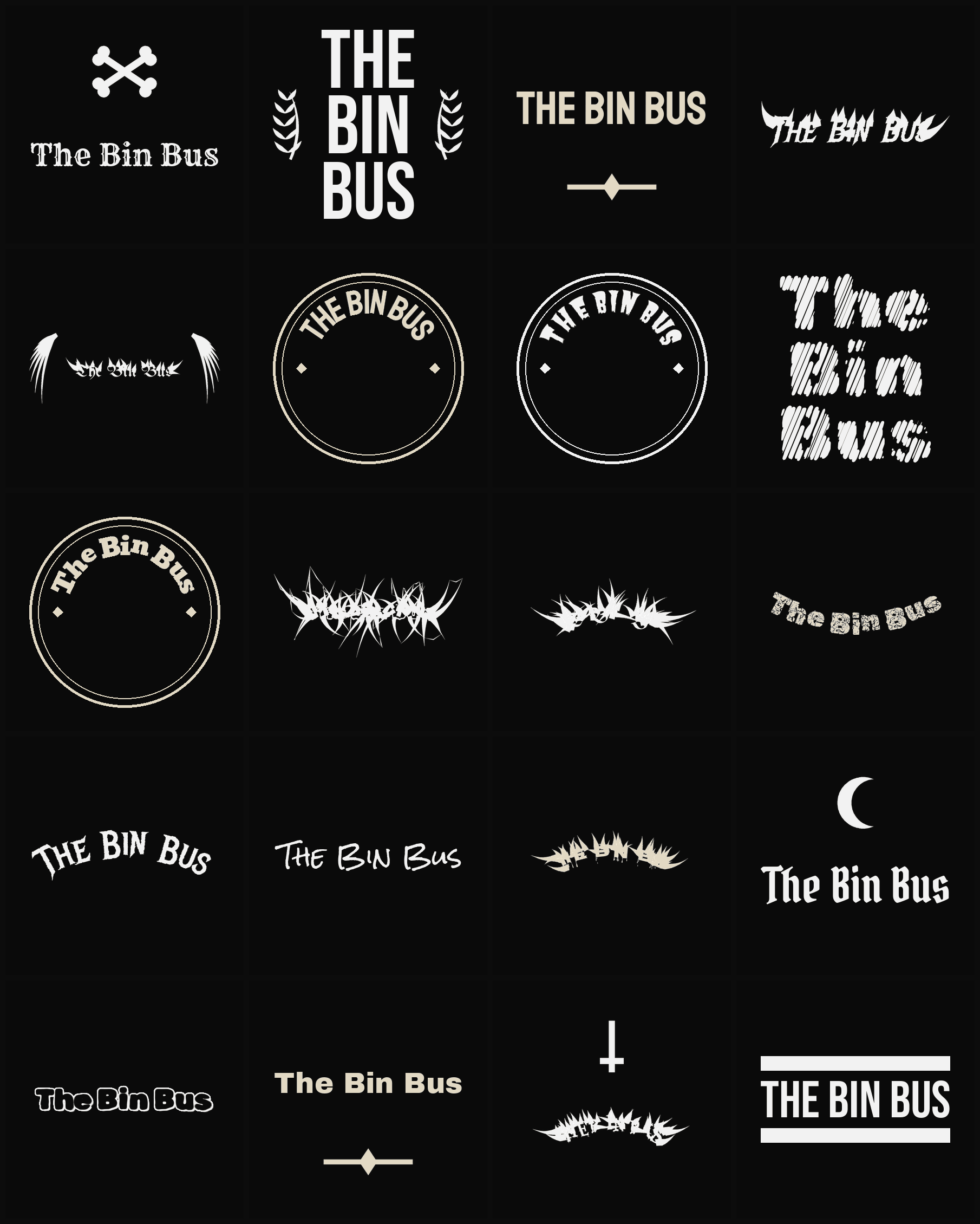 Twenty The Bin Bus band logo ideas — different faces, treatments and spike settings