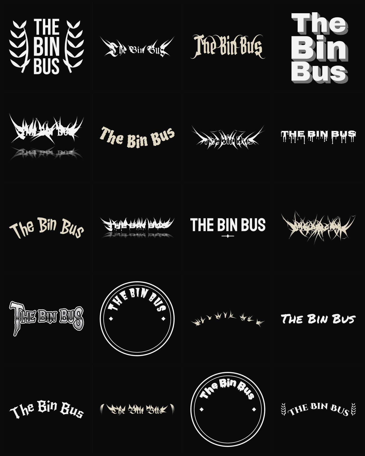 Twenty The Bin Bus band logo ideas — different faces, treatments and spike settings