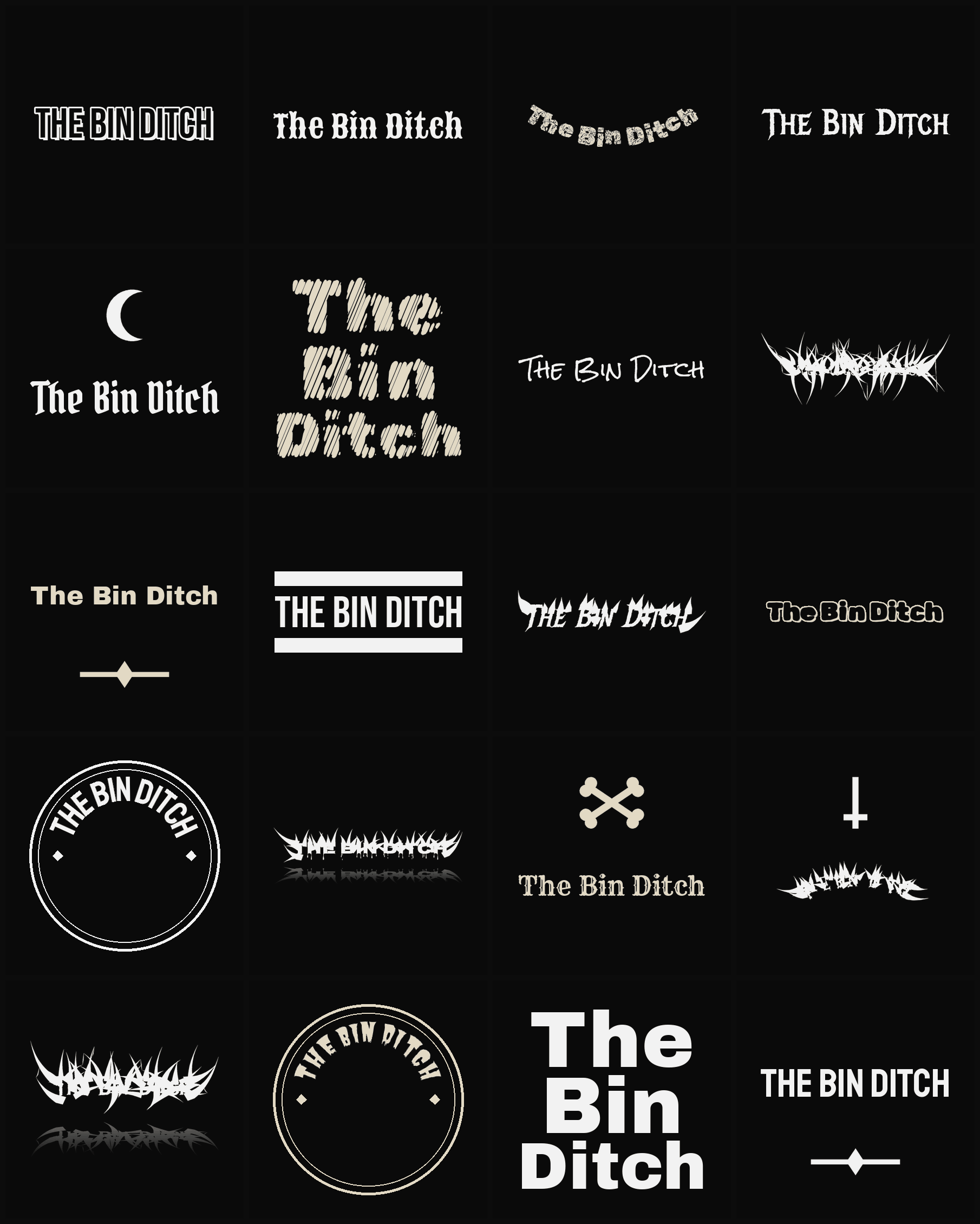 Twenty The Bin Ditch band logo ideas — different faces, treatments and spike settings