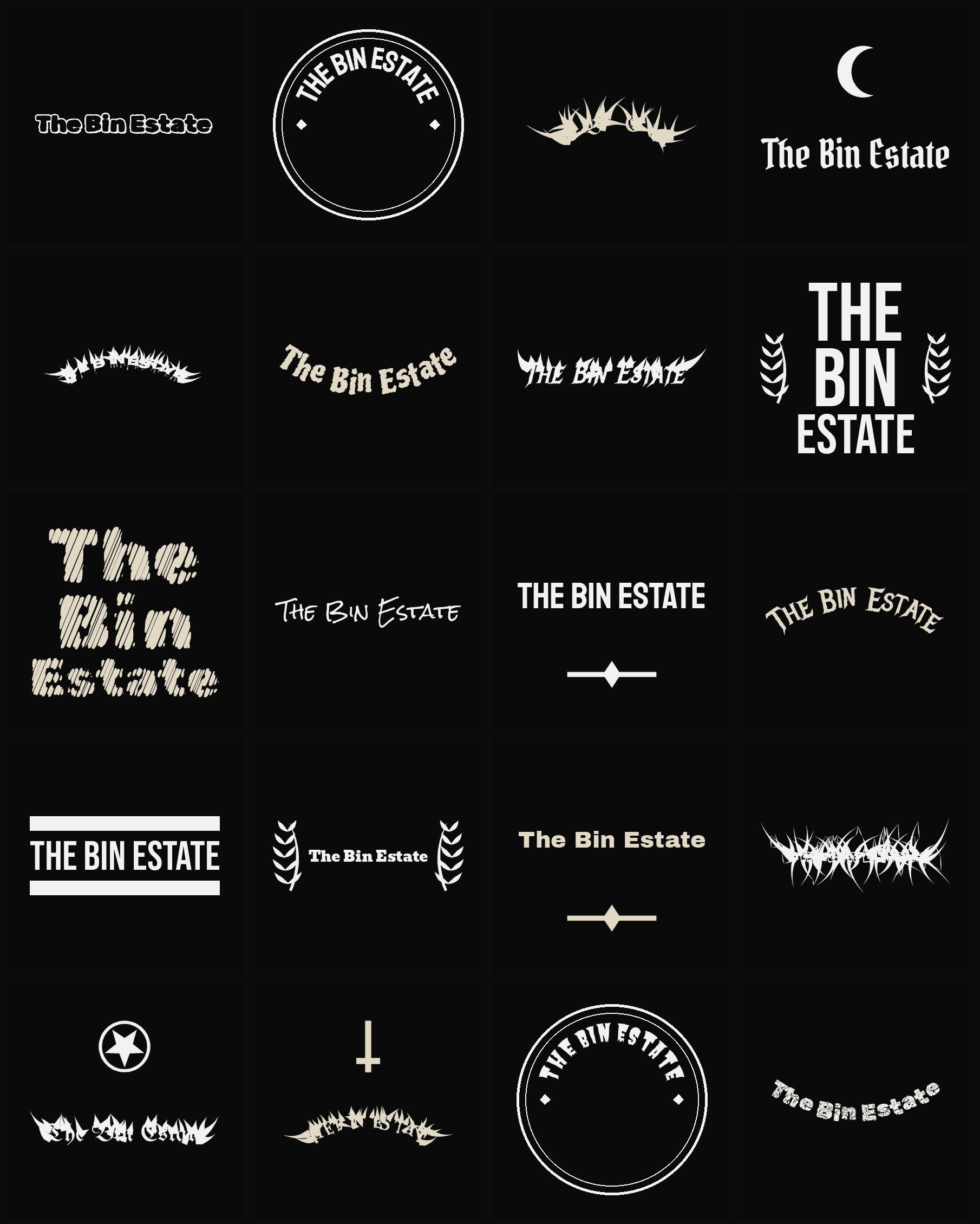 Twenty The Bin Estate band logo ideas — different faces, treatments and spike settings