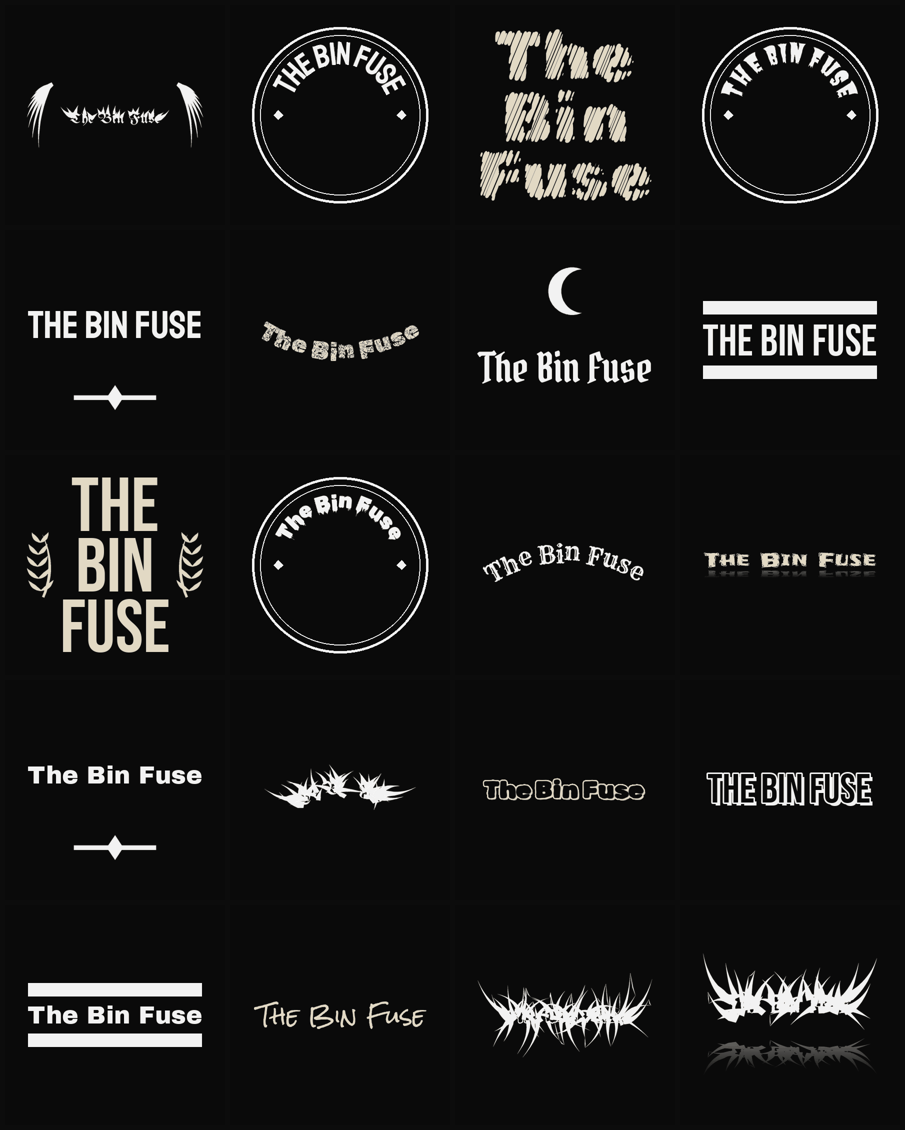 Twenty The Bin Fuse band logo ideas — different faces, treatments and spike settings