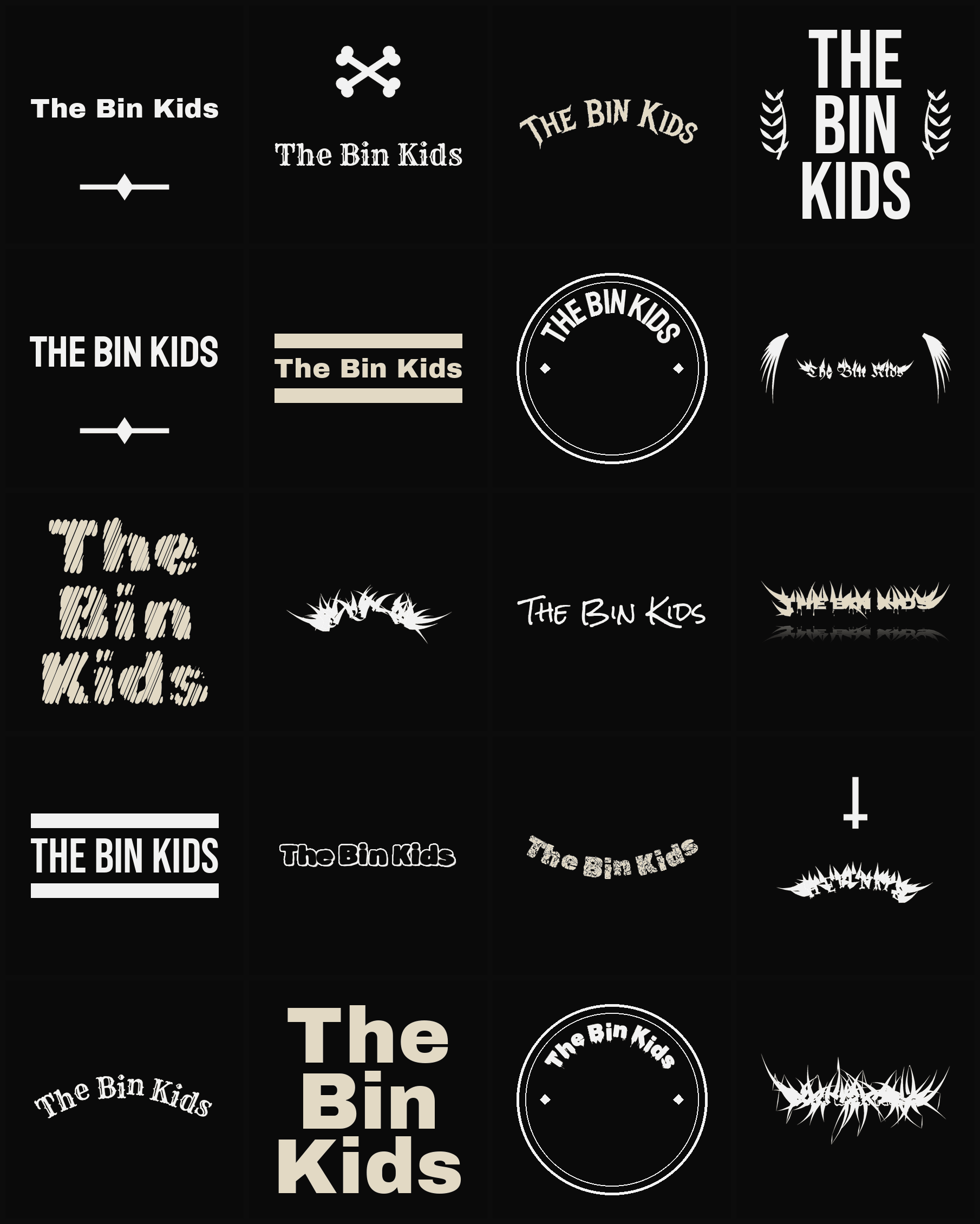 Twenty The Bin Kids band logo ideas — different faces, treatments and spike settings
