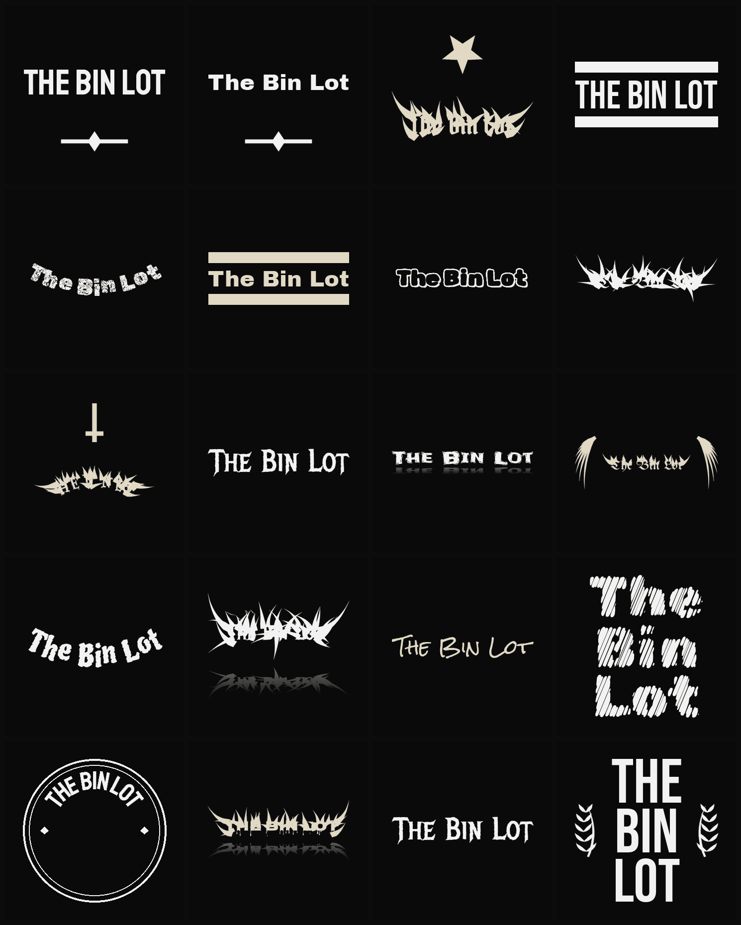 Twenty The Bin Lot band logo ideas — different faces, treatments and spike settings