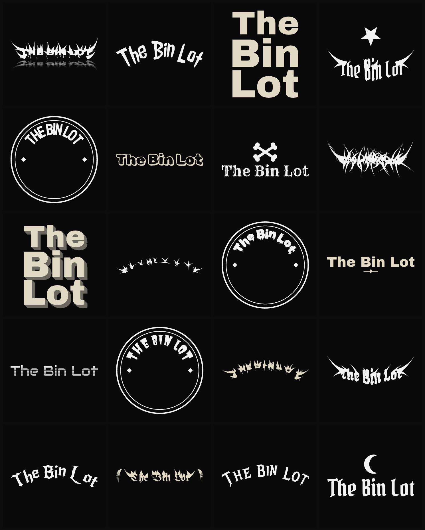 Twenty The Bin Lot band logo ideas — different faces, treatments and spike settings