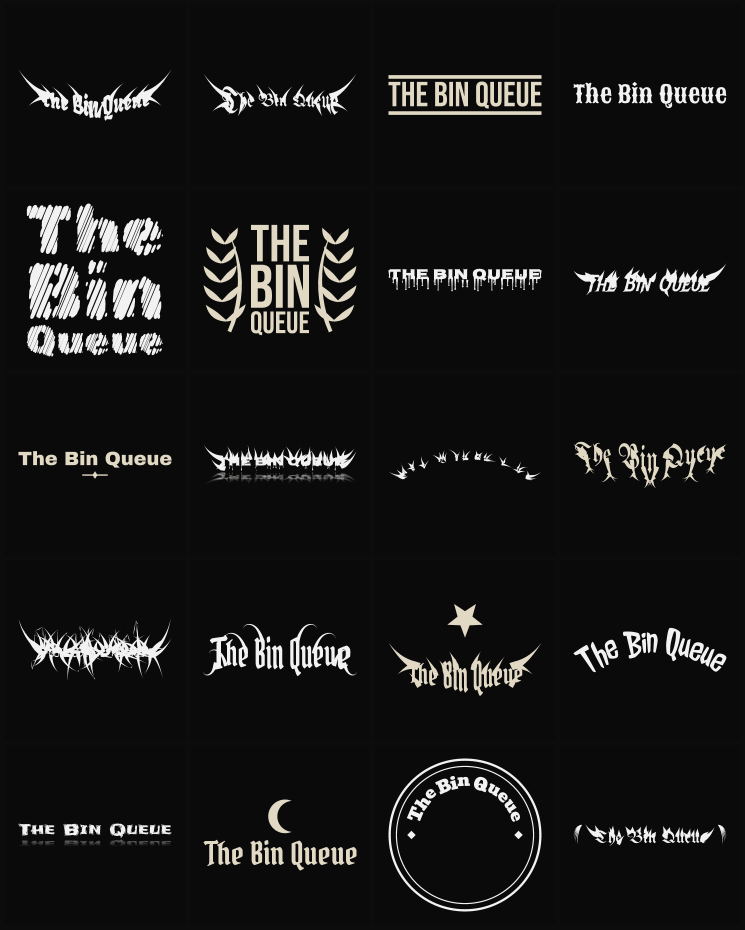 Twenty The Bin Queue band logo ideas — different faces, treatments and spike settings