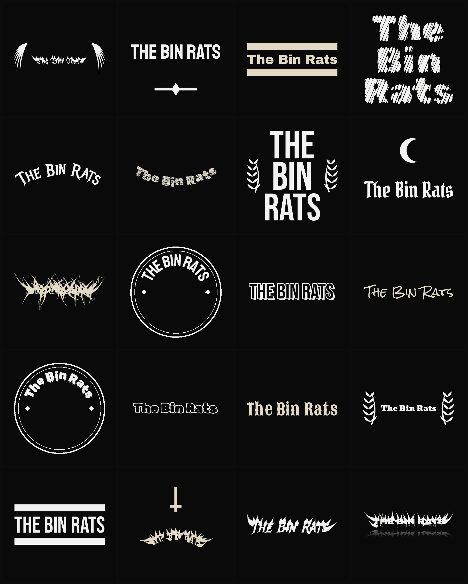 Twenty The Bin Rats band logo ideas — different faces, treatments and spike settings