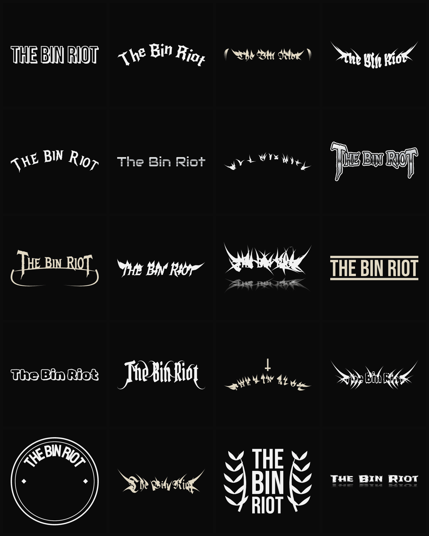 Twenty The Bin Riot band logo ideas — different faces, treatments and spike settings