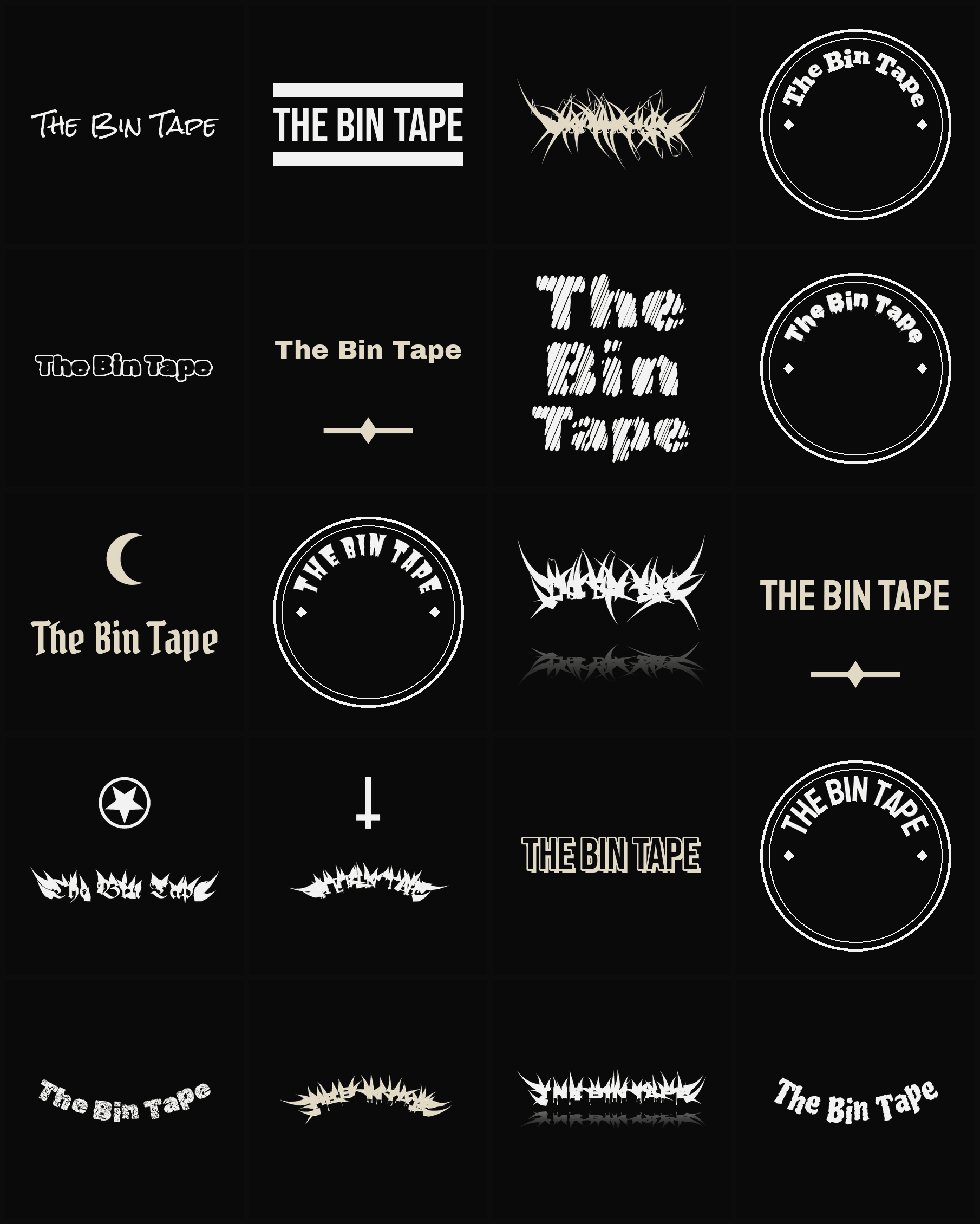 Twenty The Bin Tape band logo ideas — different faces, treatments and spike settings