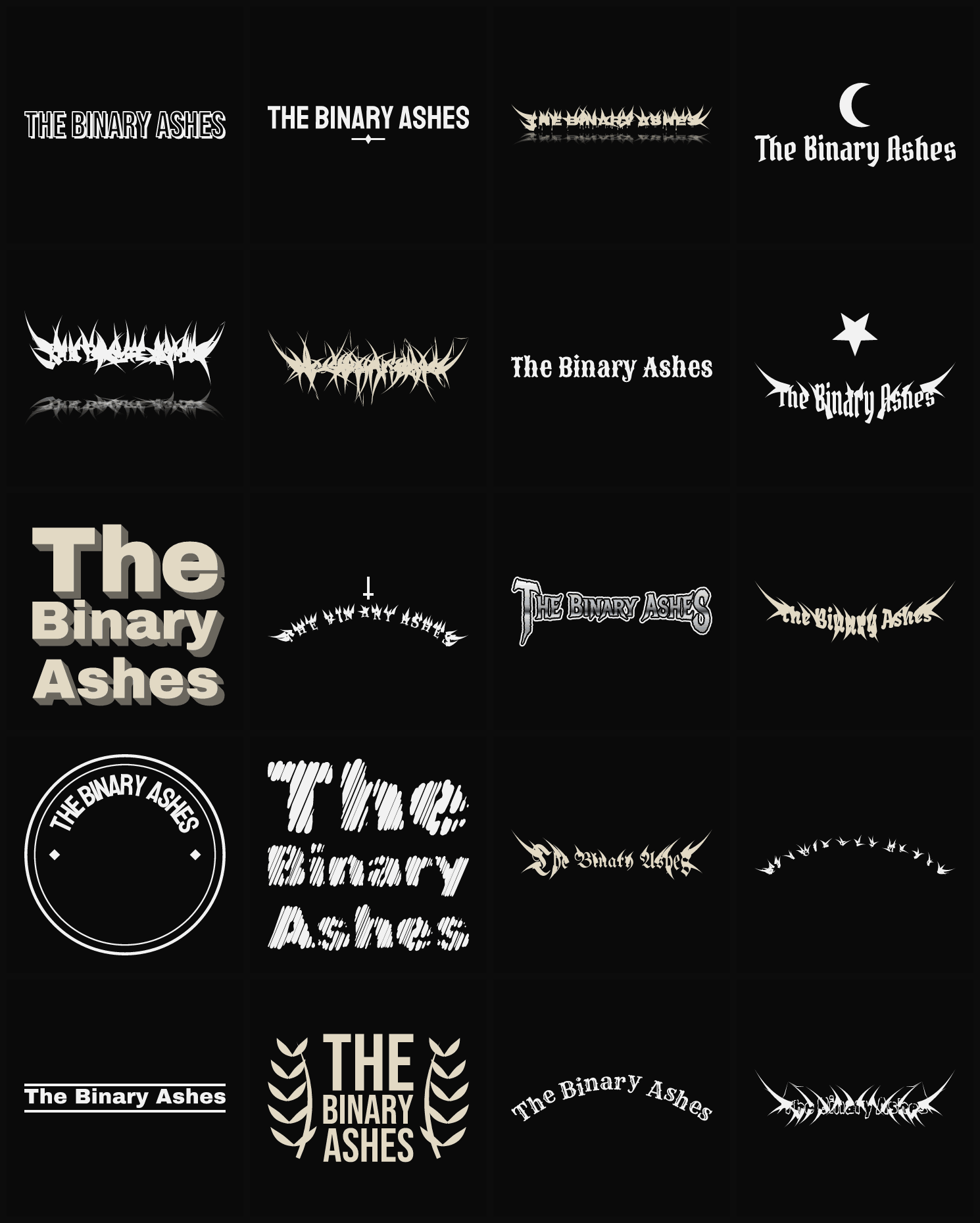Twenty The Binary Ashes band logo ideas — different faces, treatments and spike settings