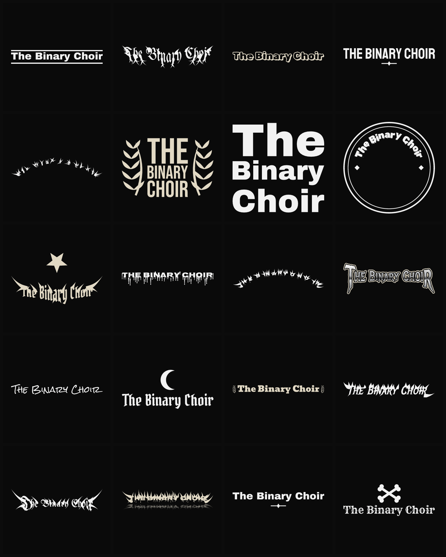 Twenty The Binary Choir band logo ideas — different faces, treatments and spike settings