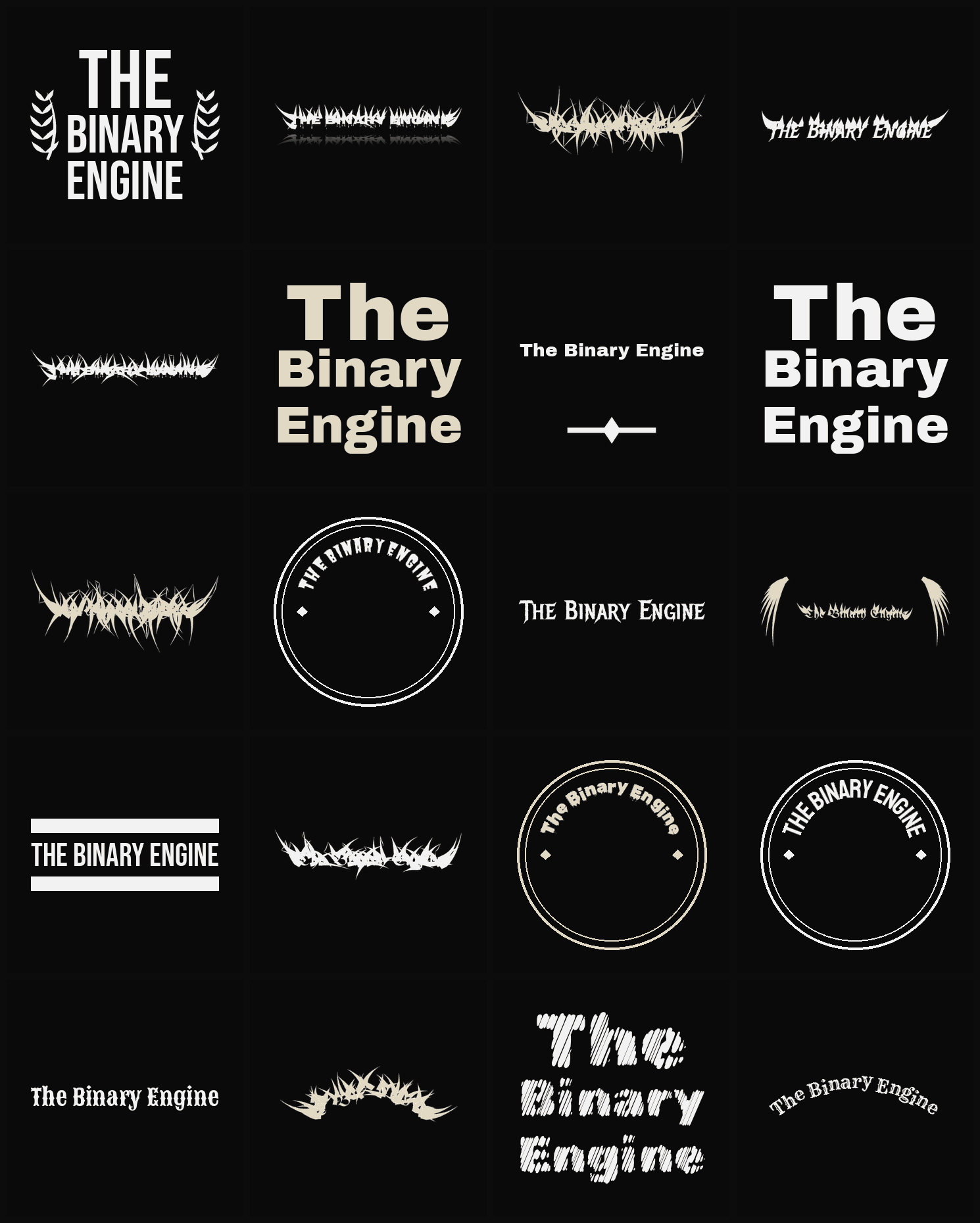 Twenty The Binary Engine band logo ideas — different faces, treatments and spike settings