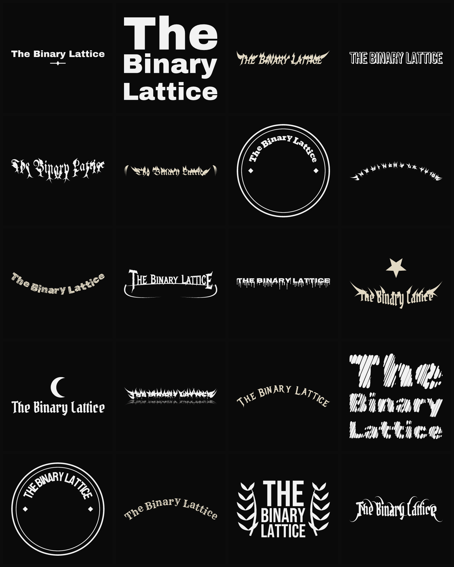 Twenty The Binary Lattice band logo ideas — different faces, treatments and spike settings