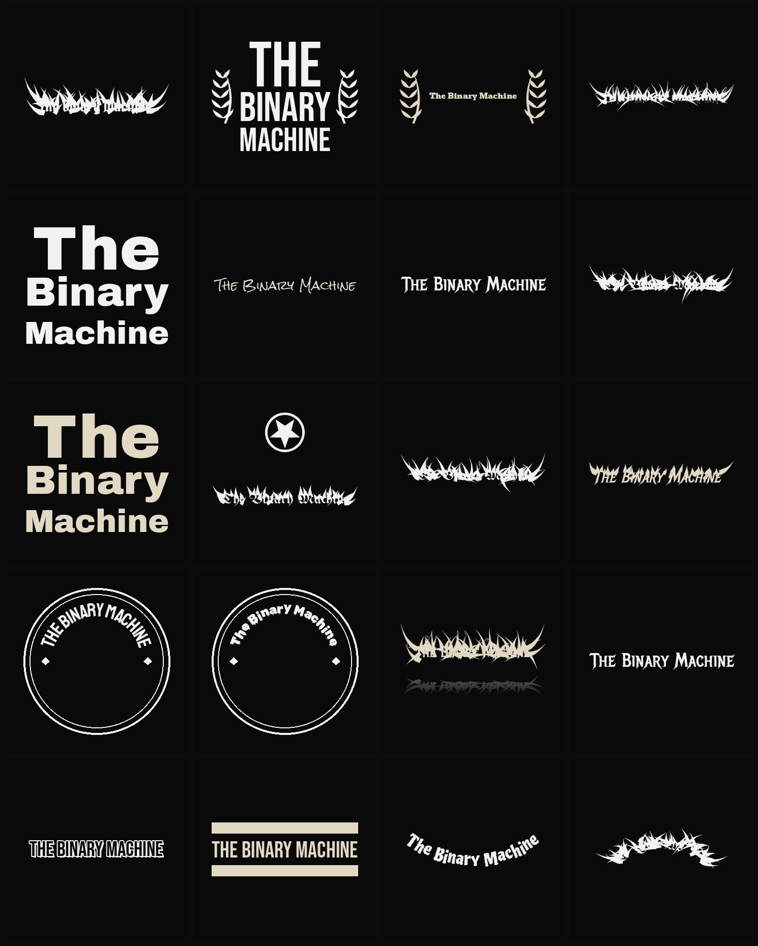Twenty The Binary Machine band logo ideas — different faces, treatments and spike settings