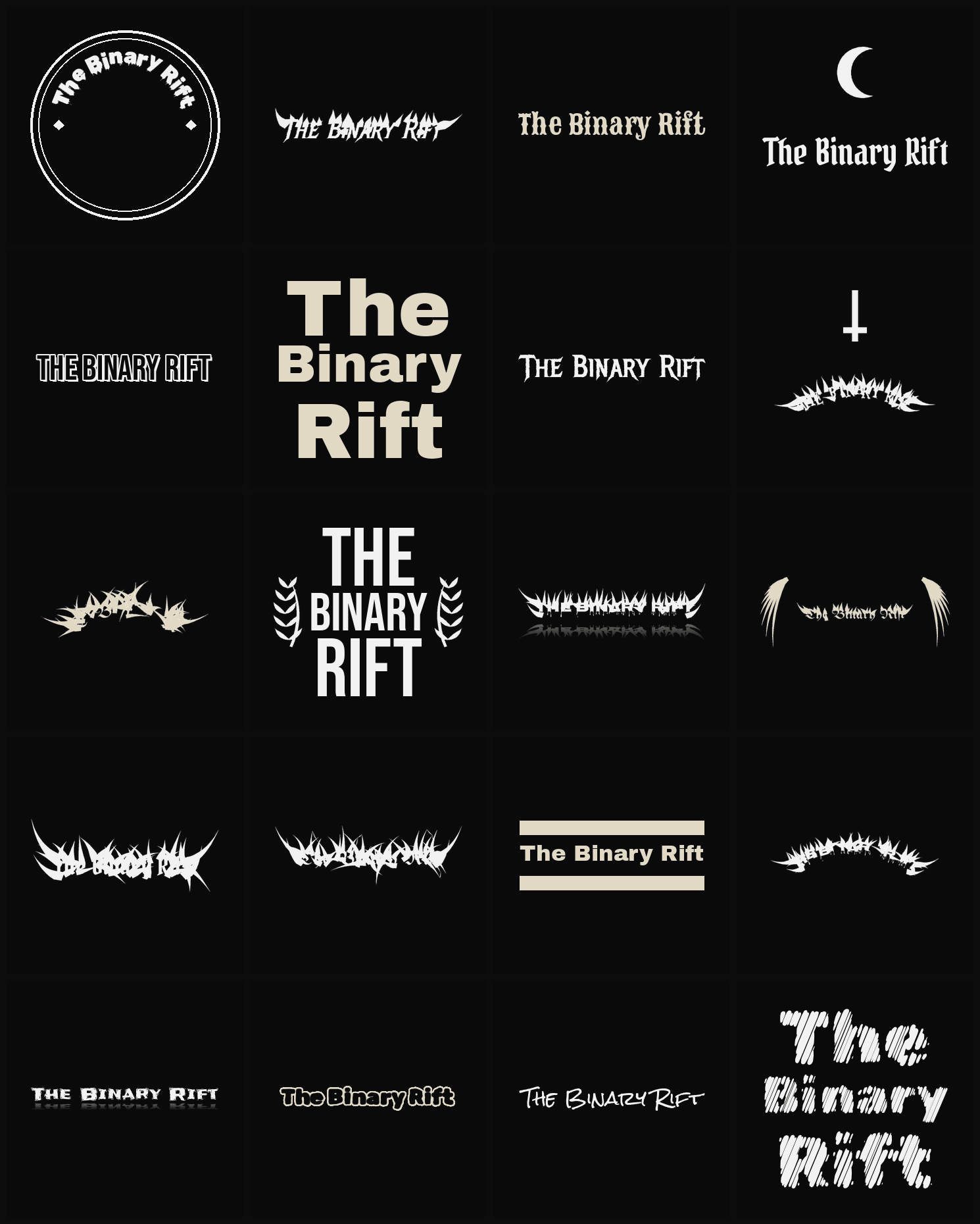 Twenty The Binary Rift band logo ideas — different faces, treatments and spike settings
