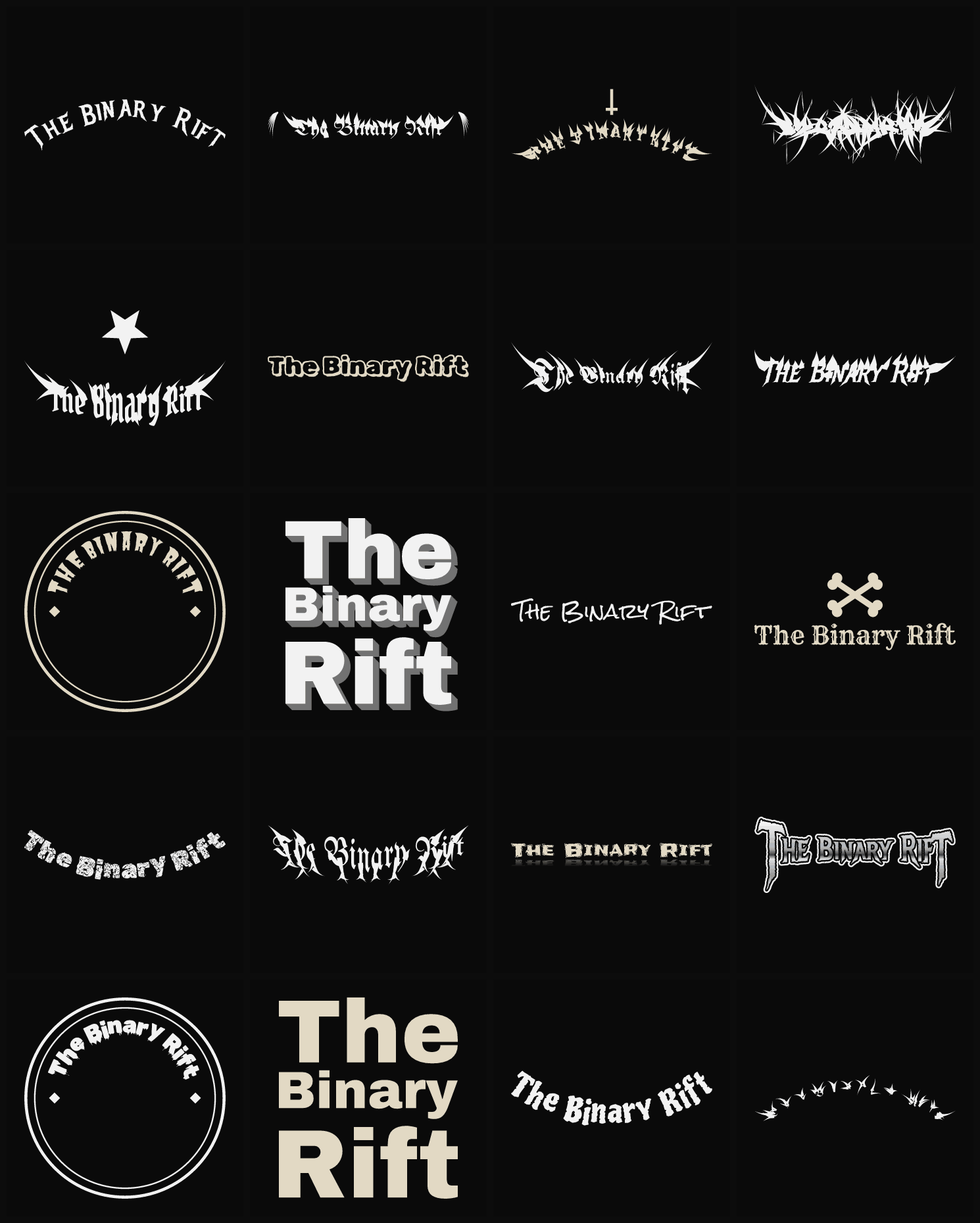 Twenty The Binary Rift band logo ideas — different faces, treatments and spike settings
