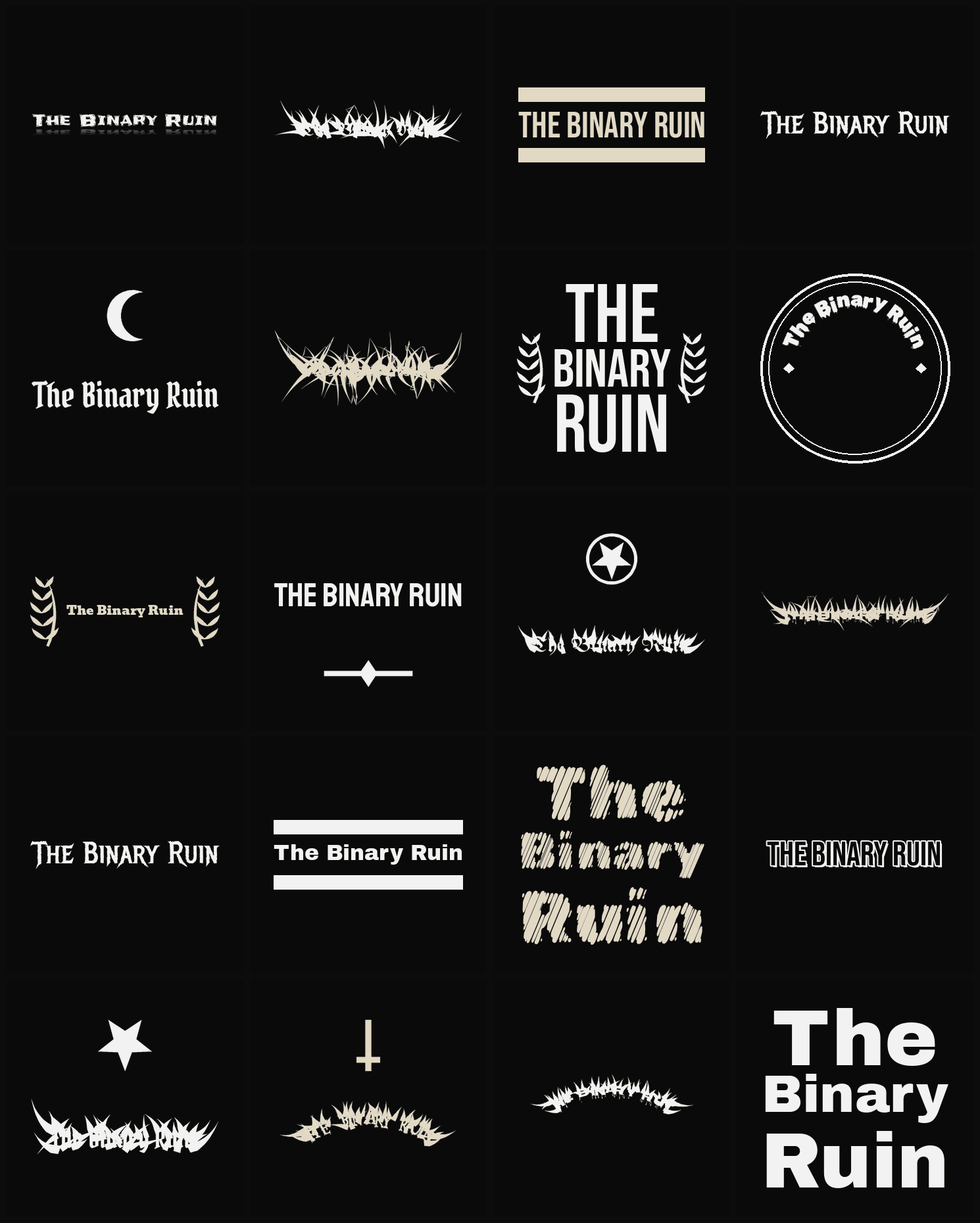 Twenty The Binary Ruin band logo ideas — different faces, treatments and spike settings
