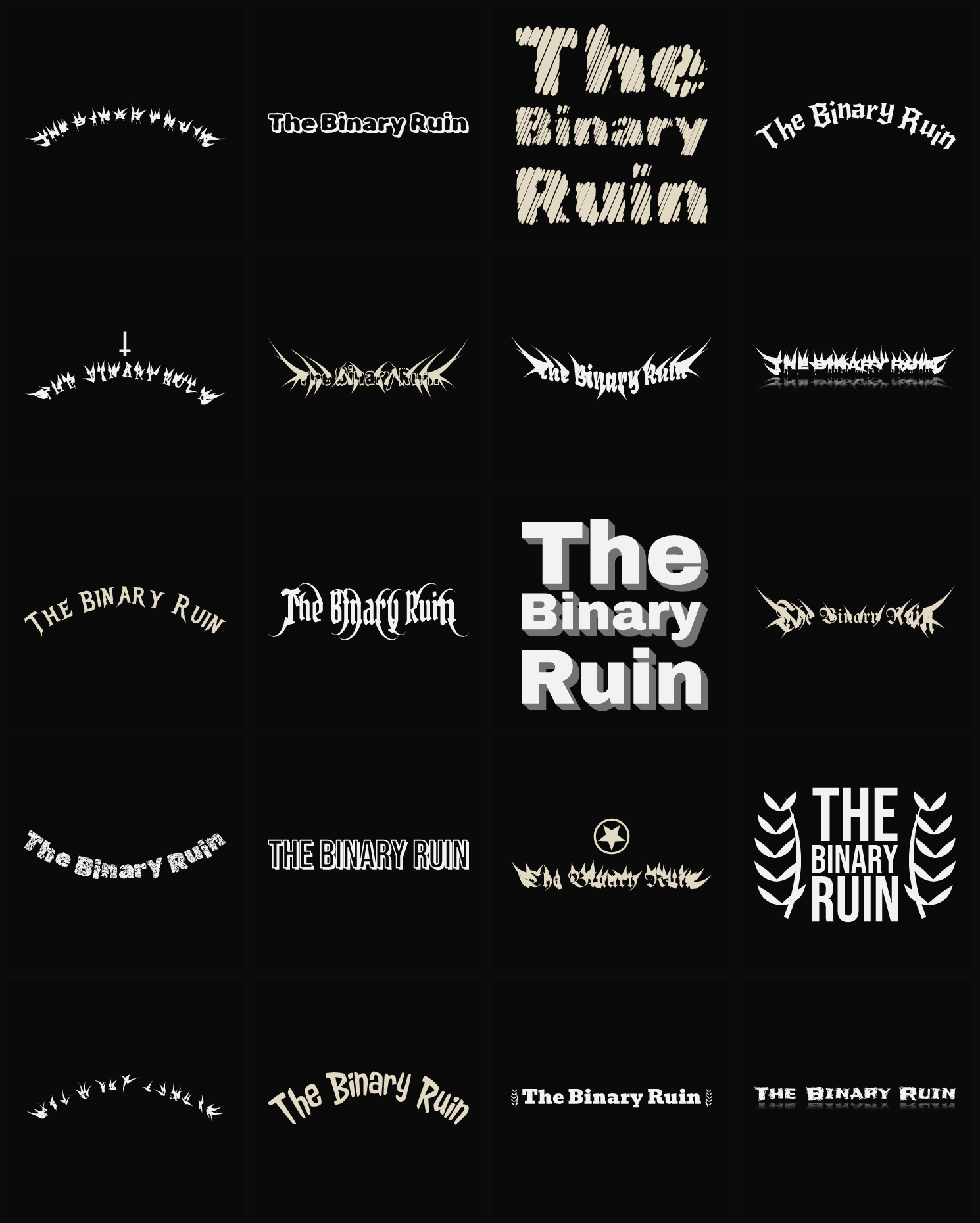 Twenty The Binary Ruin band logo ideas — different faces, treatments and spike settings