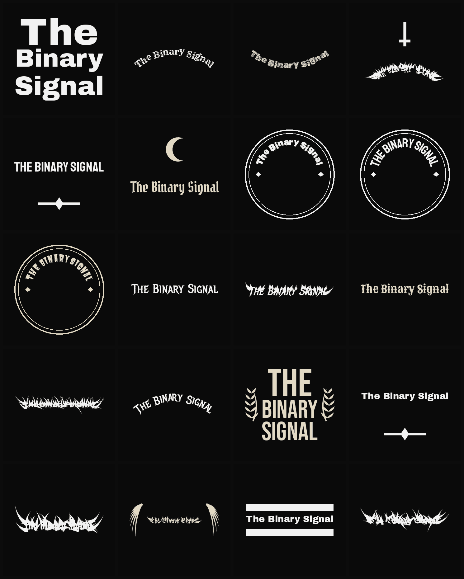 Twenty The Binary Signal band logo ideas — different faces, treatments and spike settings