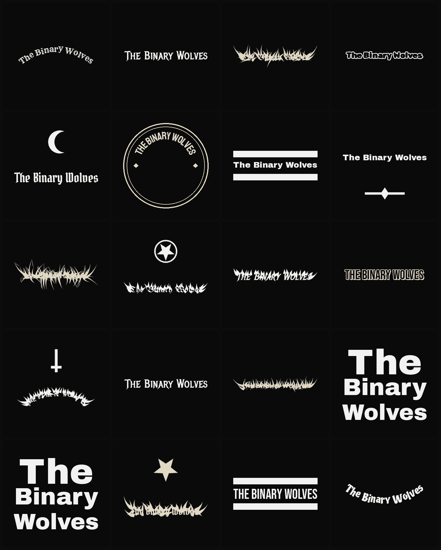 Twenty The Binary Wolves band logo ideas — different faces, treatments and spike settings