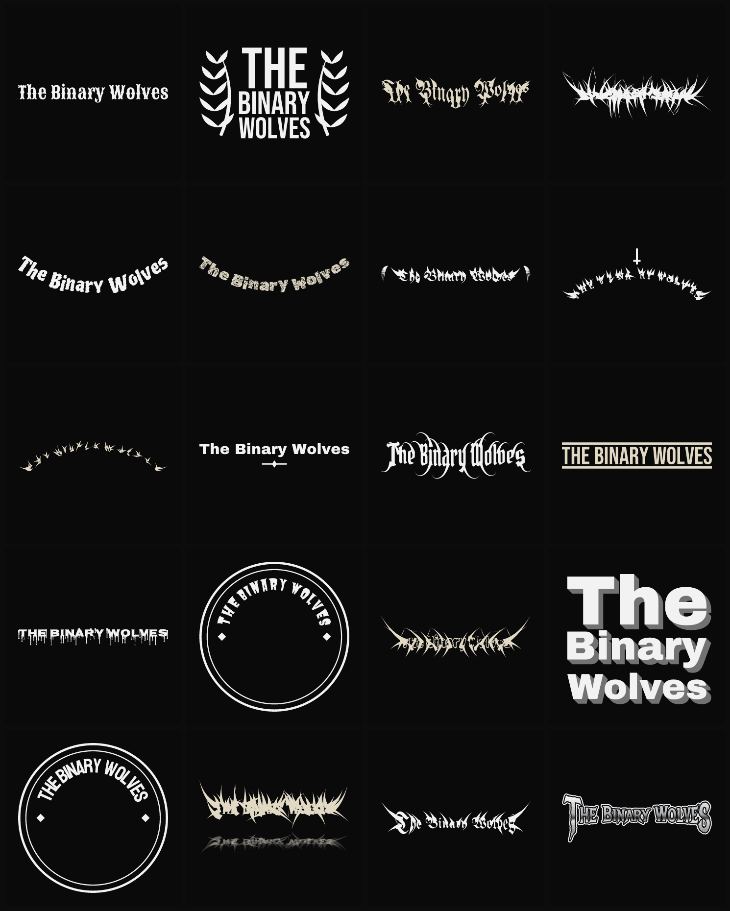 Twenty The Binary Wolves band logo ideas — different faces, treatments and spike settings