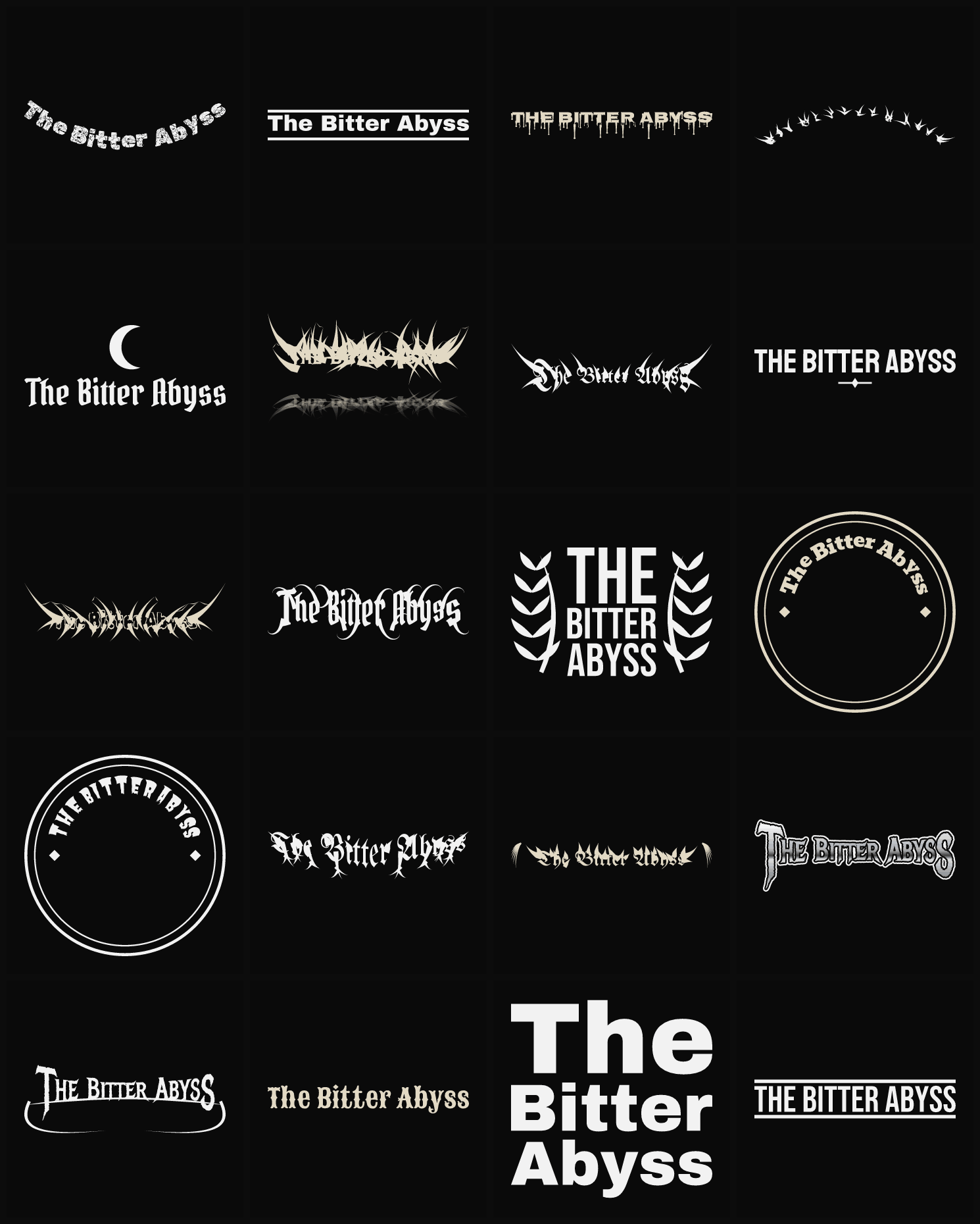 Twenty The Bitter Abyss band logo ideas — different faces, treatments and spike settings