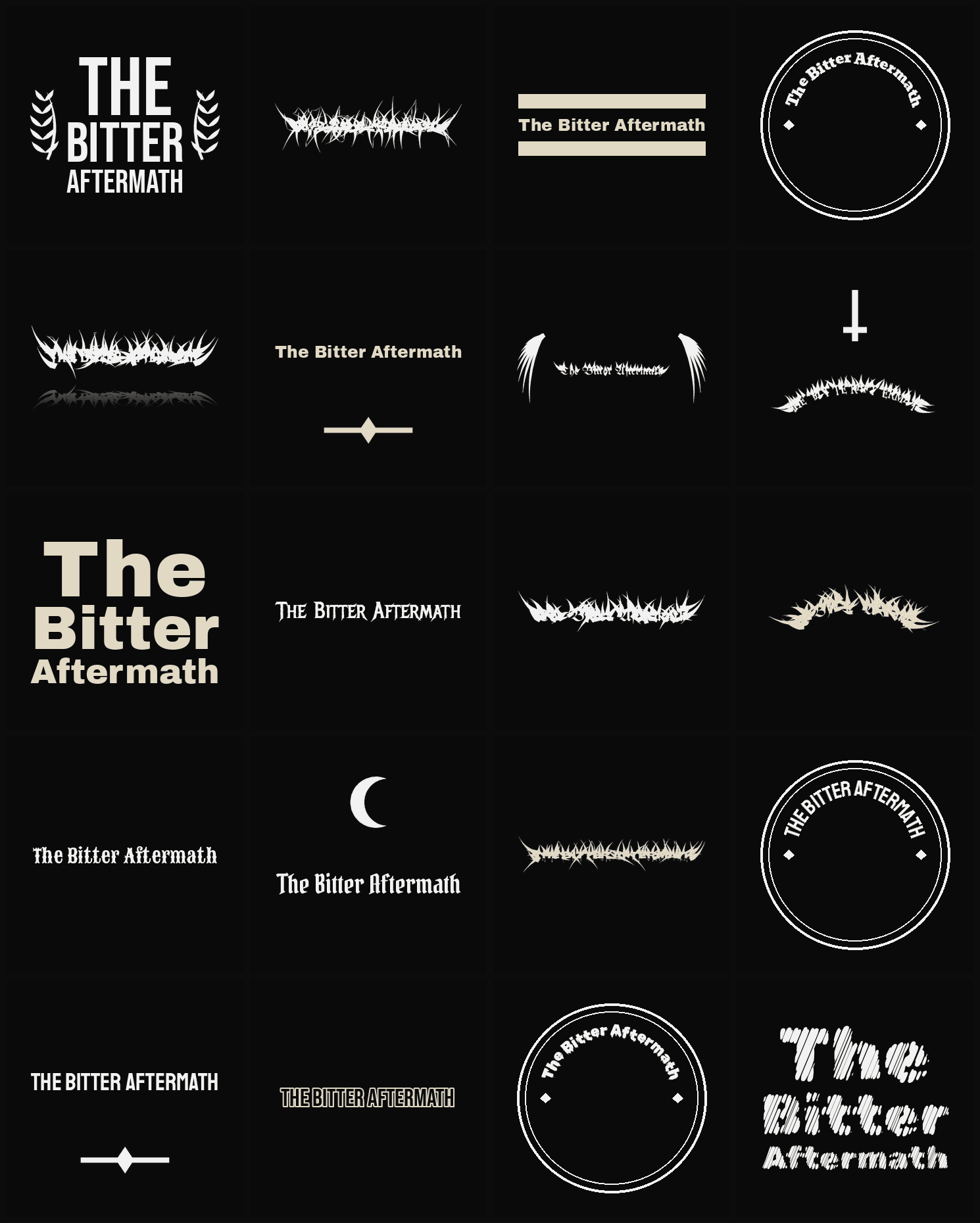 Twenty The Bitter Aftermath band logo ideas — different faces, treatments and spike settings