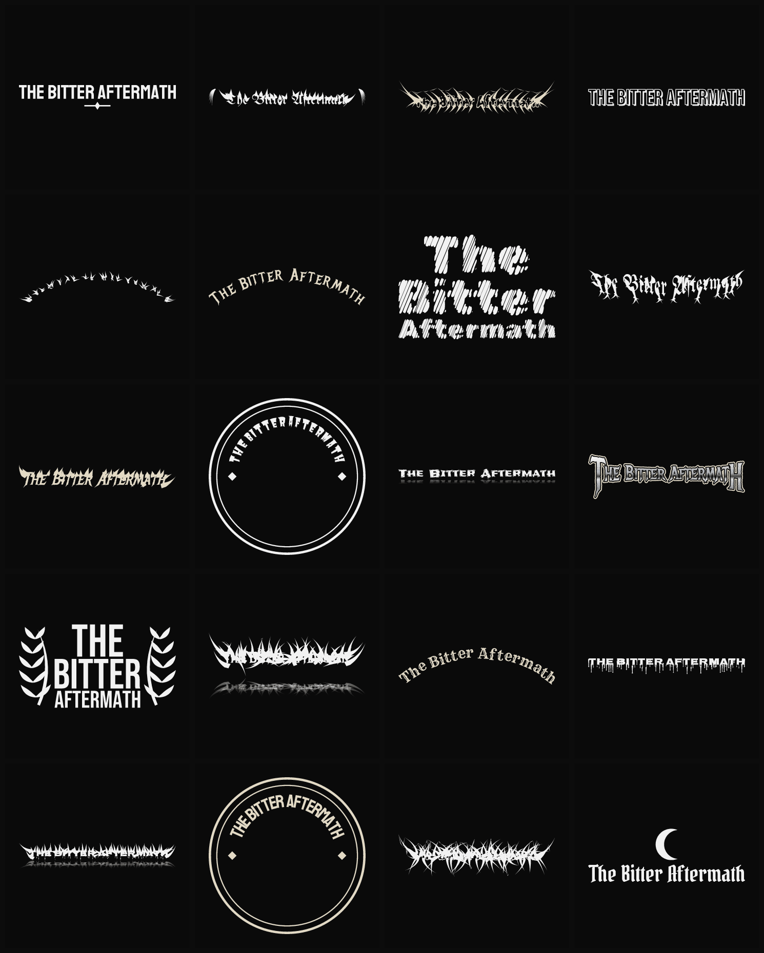 Twenty The Bitter Aftermath band logo ideas — different faces, treatments and spike settings