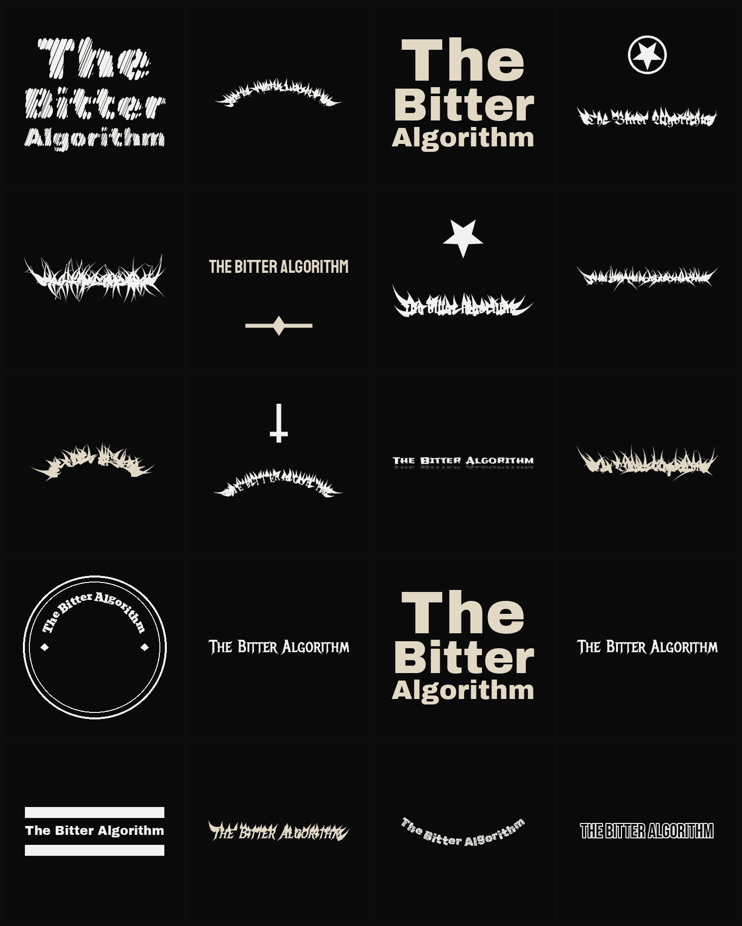 Twenty The Bitter Algorithm band logo ideas — different faces, treatments and spike settings
