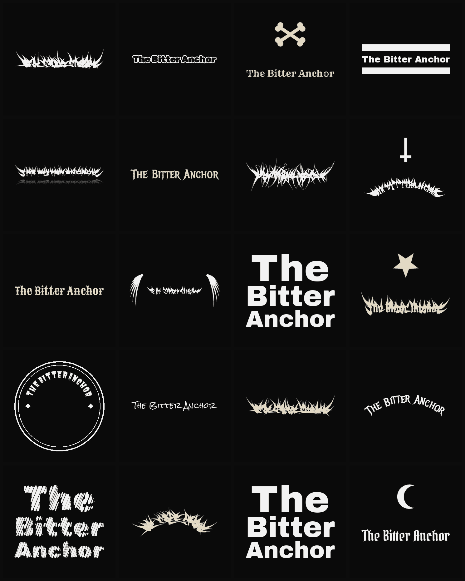 Twenty The Bitter Anchor band logo ideas — different faces, treatments and spike settings