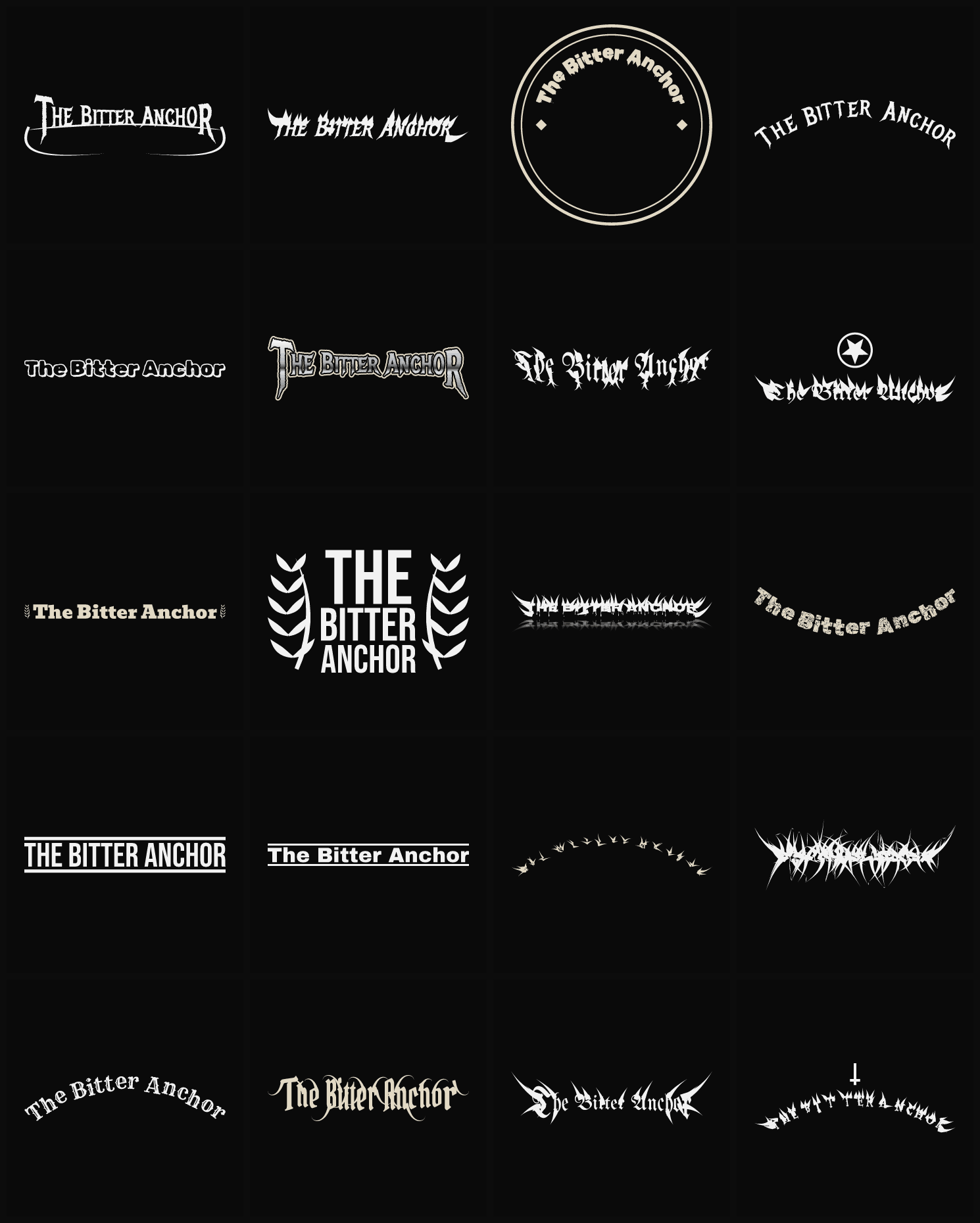 Twenty The Bitter Anchor band logo ideas — different faces, treatments and spike settings