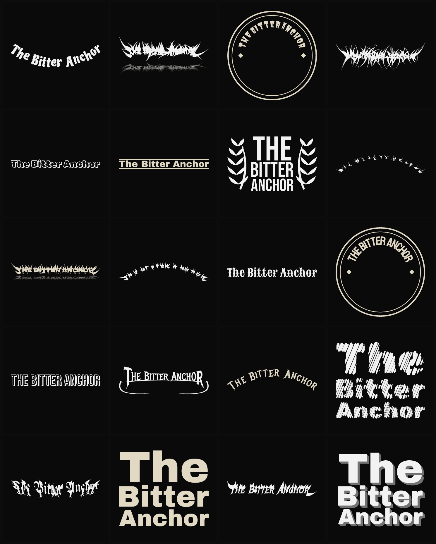 Twenty The Bitter Anchor band logo ideas — different faces, treatments and spike settings
