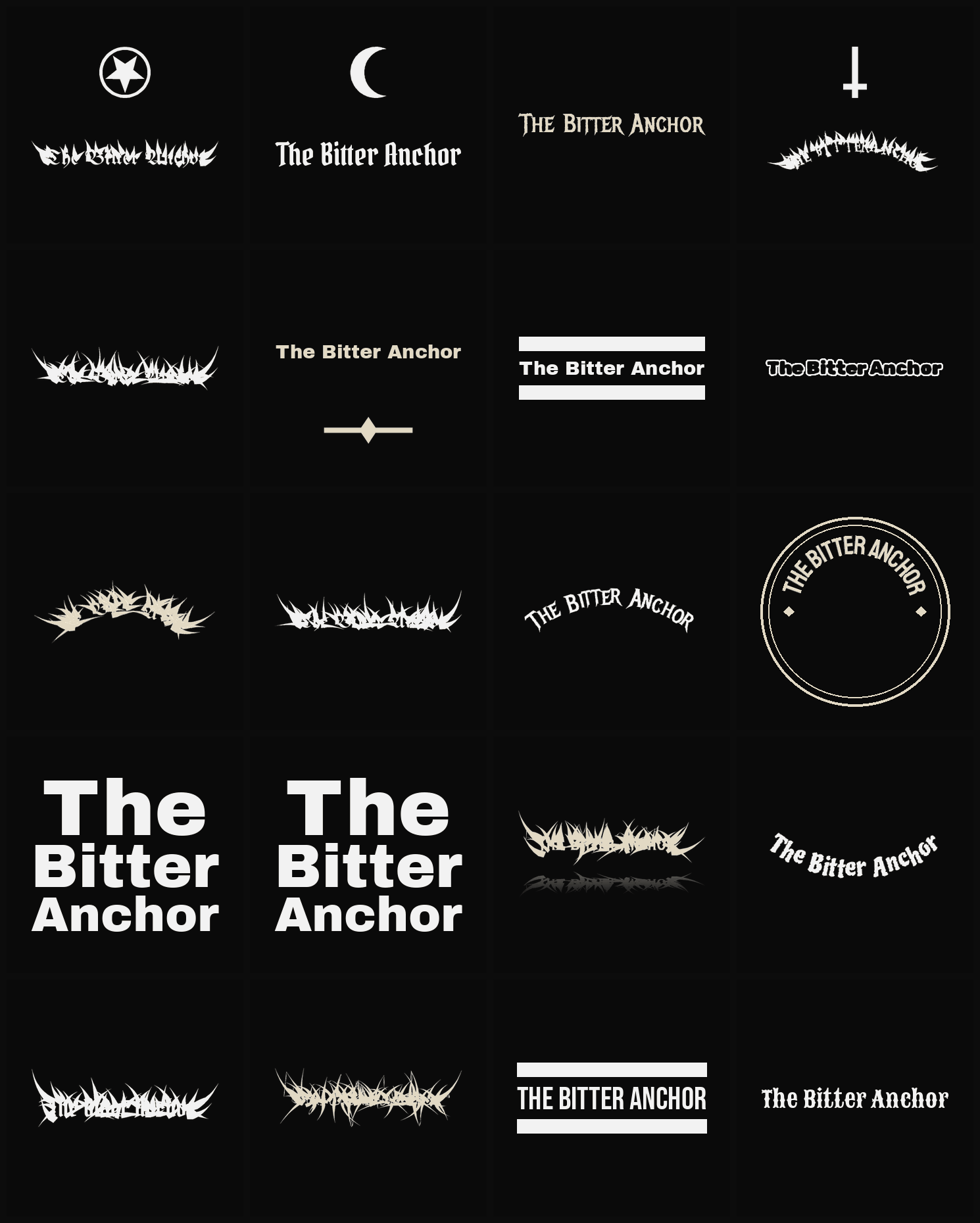 Twenty The Bitter Anchor band logo ideas — different faces, treatments and spike settings