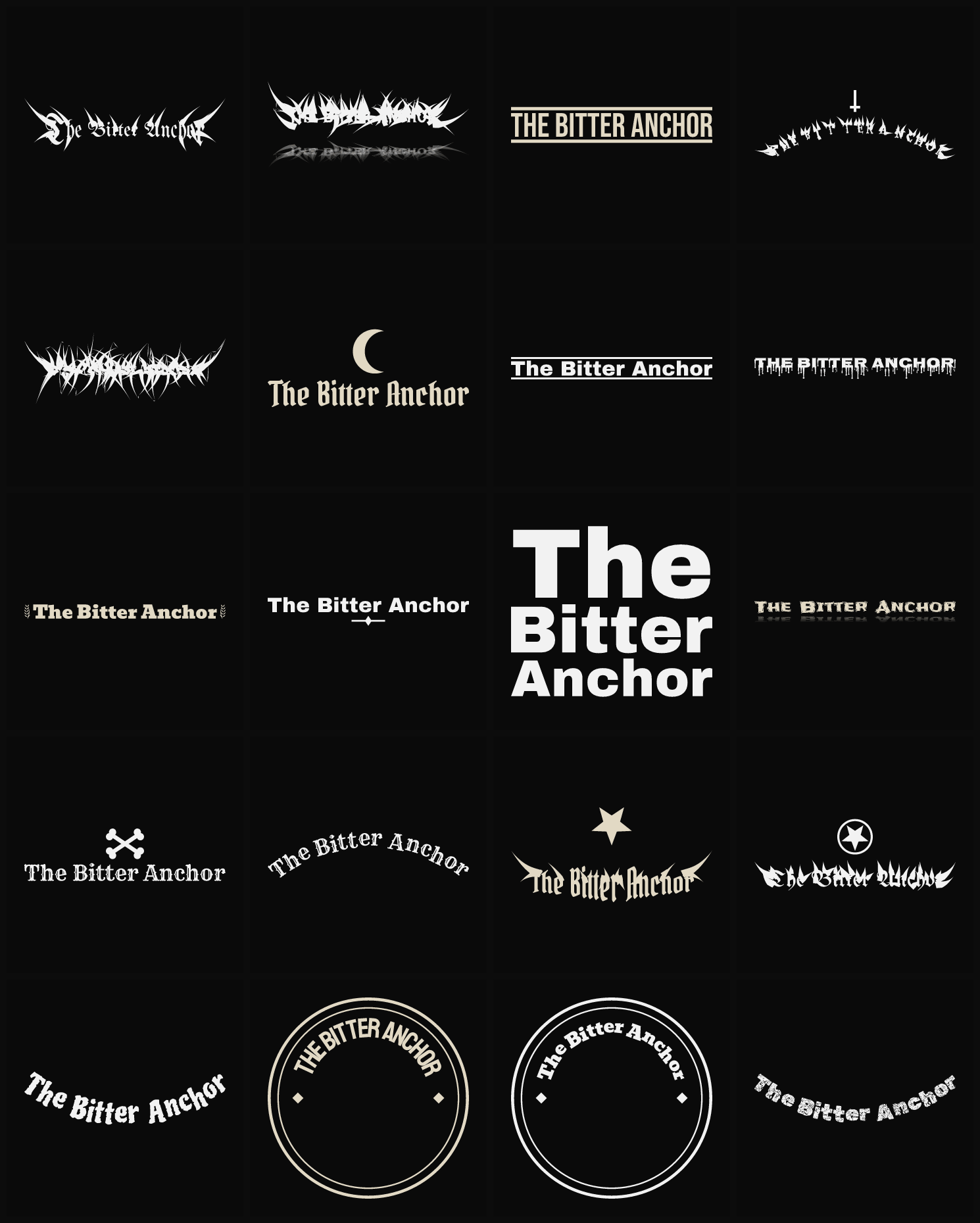 Twenty The Bitter Anchor band logo ideas — different faces, treatments and spike settings