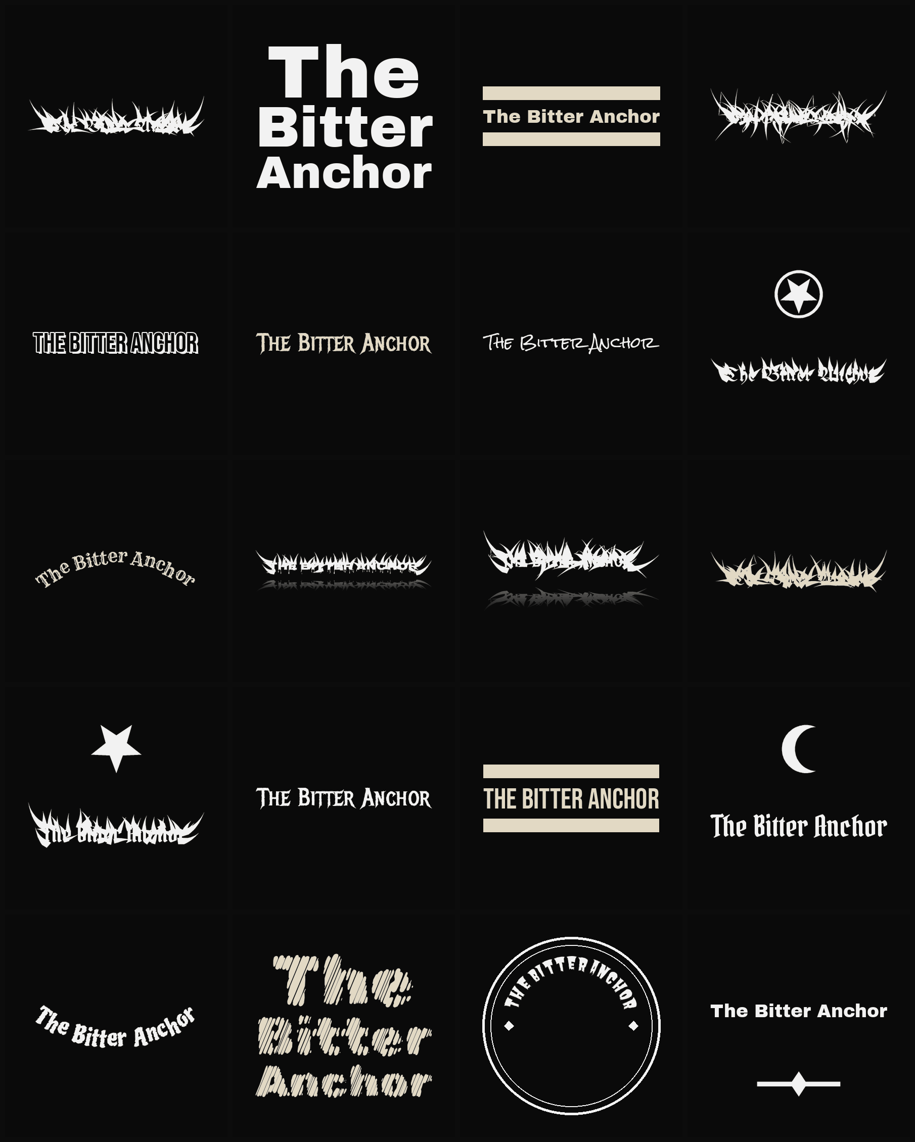 Twenty The Bitter Anchor band logo ideas — different faces, treatments and spike settings