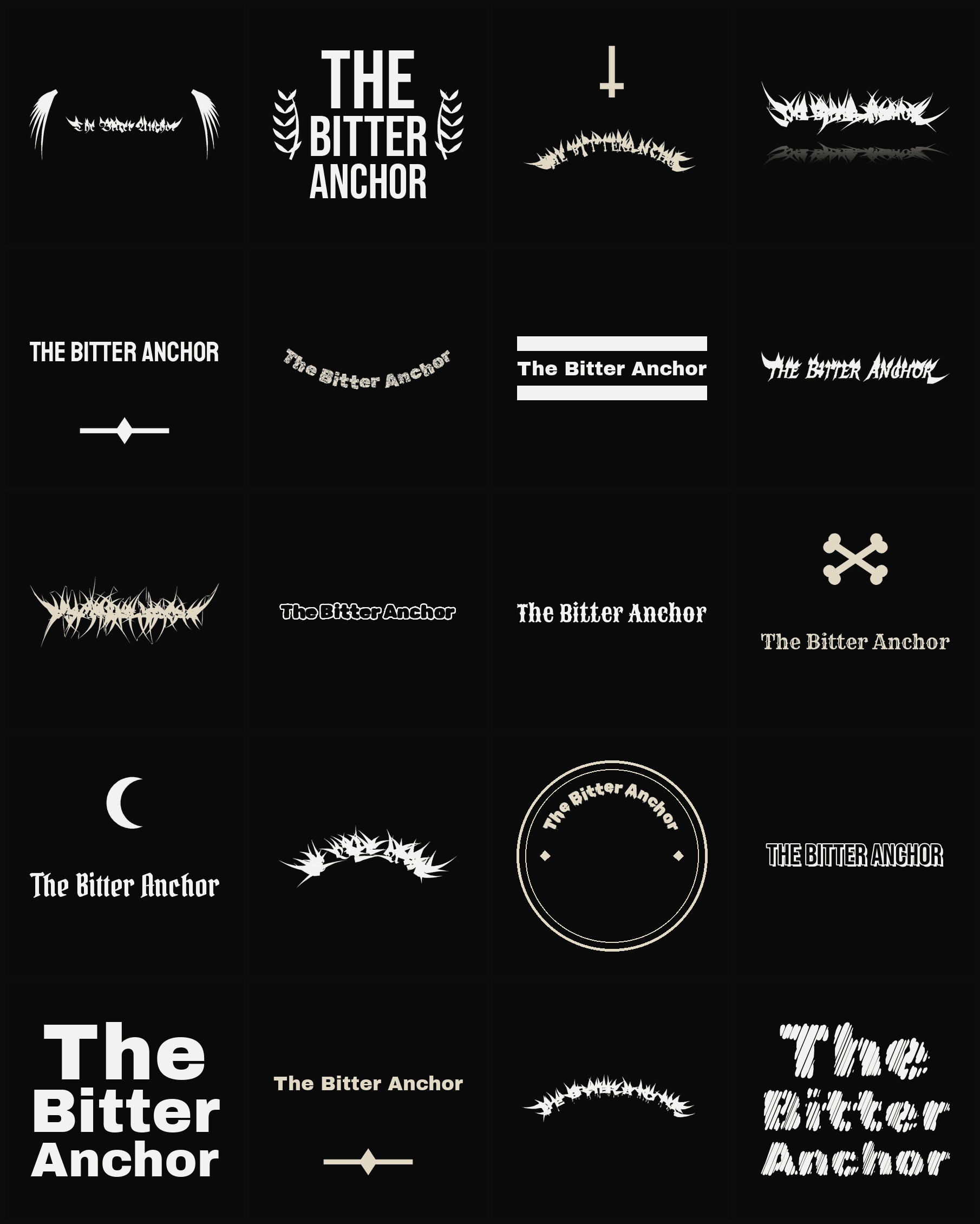 Twenty The Bitter Anchor band logo ideas — different faces, treatments and spike settings