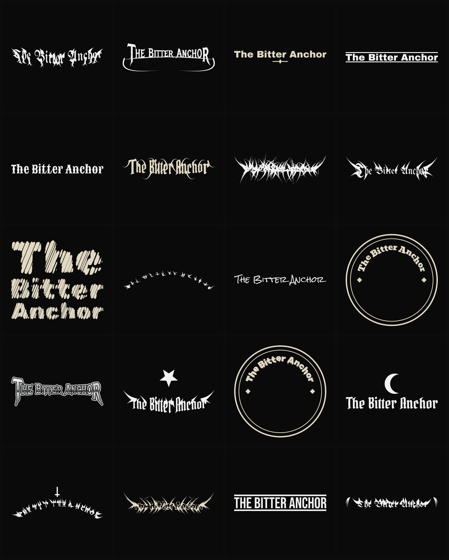 Twenty The Bitter Anchor band logo ideas — different faces, treatments and spike settings