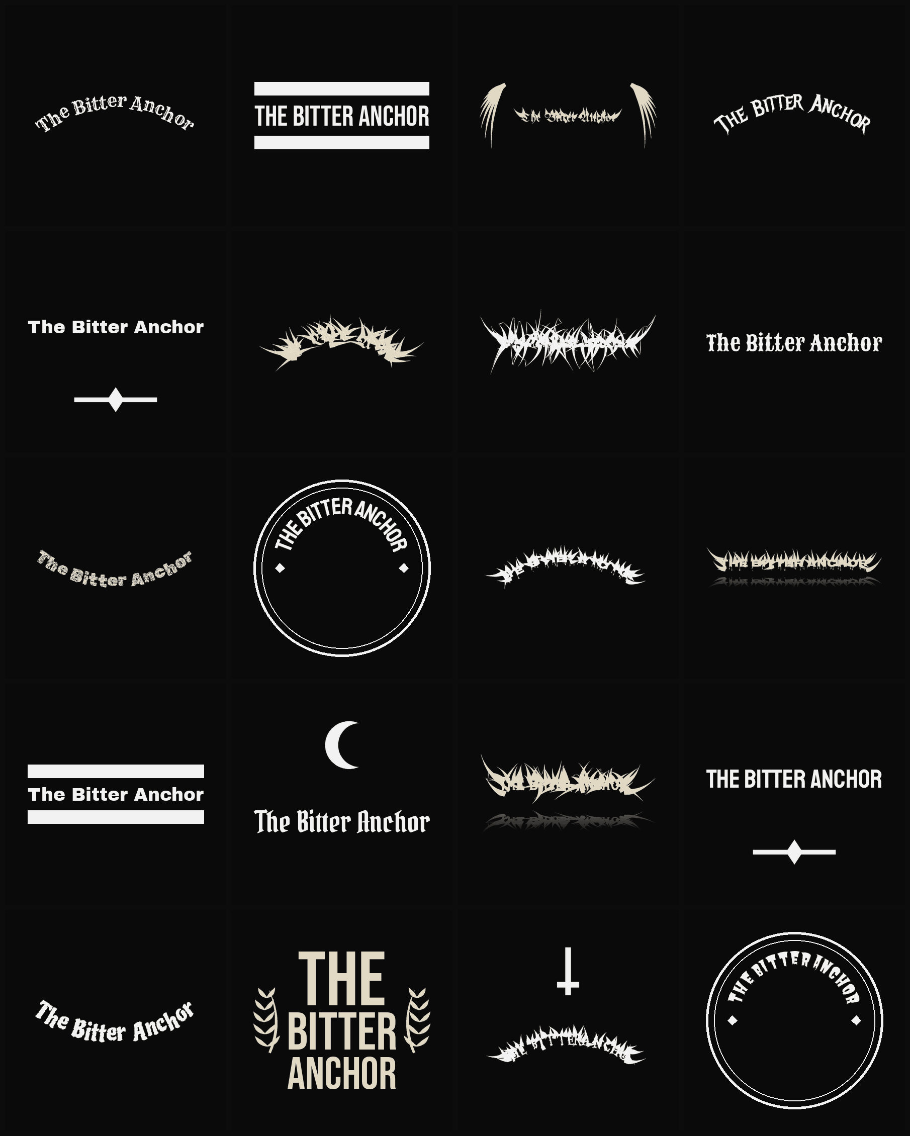 Twenty The Bitter Anchor band logo ideas — different faces, treatments and spike settings