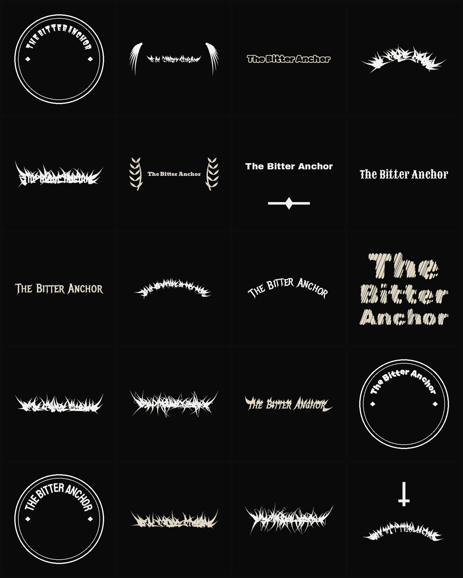 Twenty The Bitter Anchor band logo ideas — different faces, treatments and spike settings