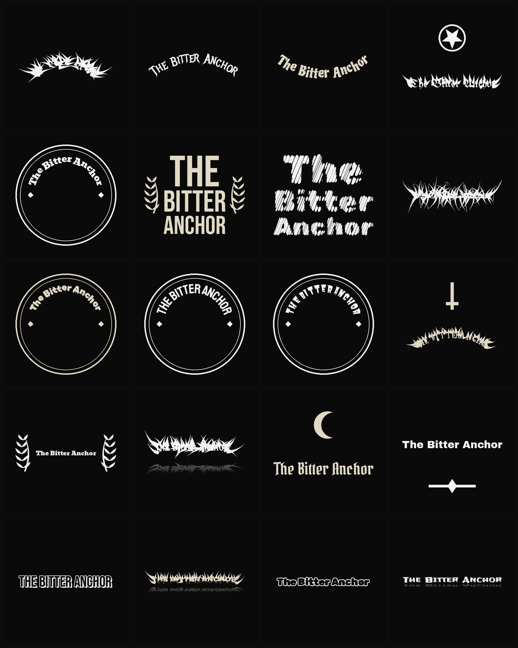 Twenty The Bitter Anchor band logo ideas — different faces, treatments and spike settings