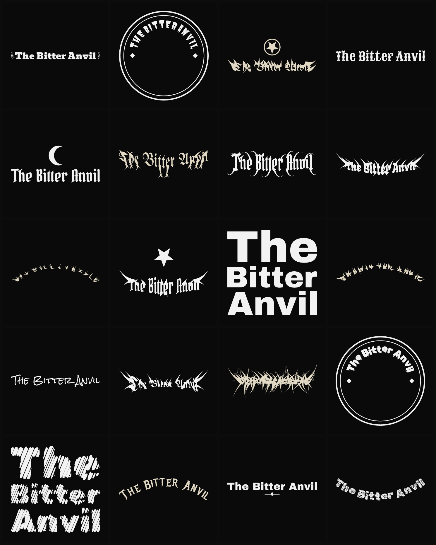 Twenty The Bitter Anvil band logo ideas — different faces, treatments and spike settings