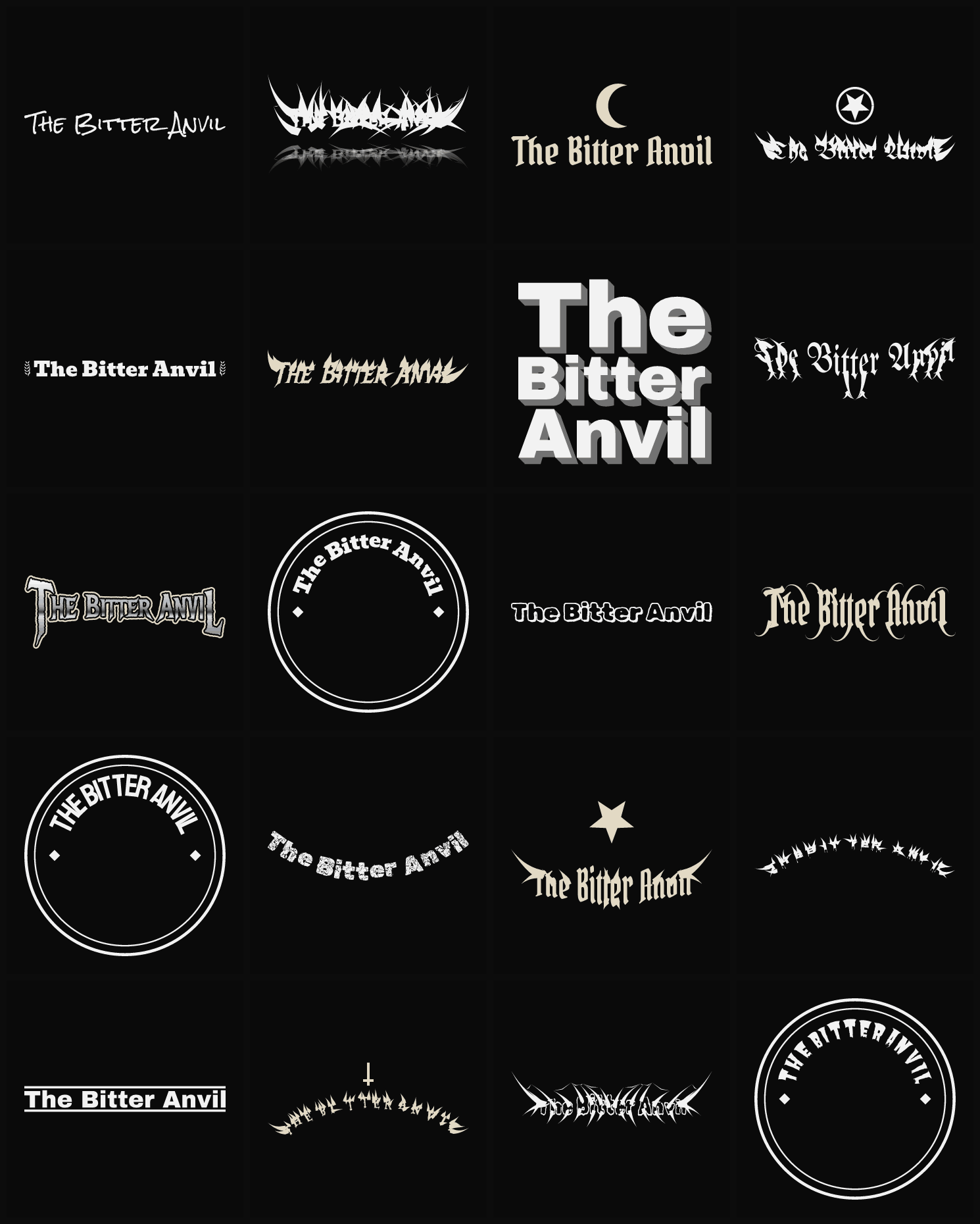 Twenty The Bitter Anvil band logo ideas — different faces, treatments and spike settings