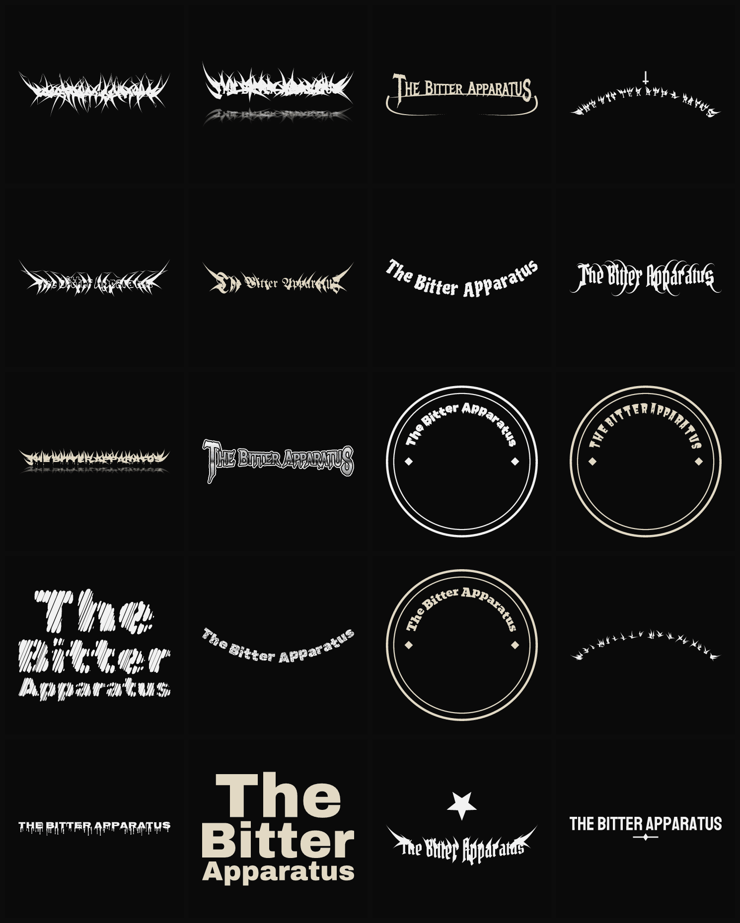 Twenty The Bitter Apparatus band logo ideas — different faces, treatments and spike settings