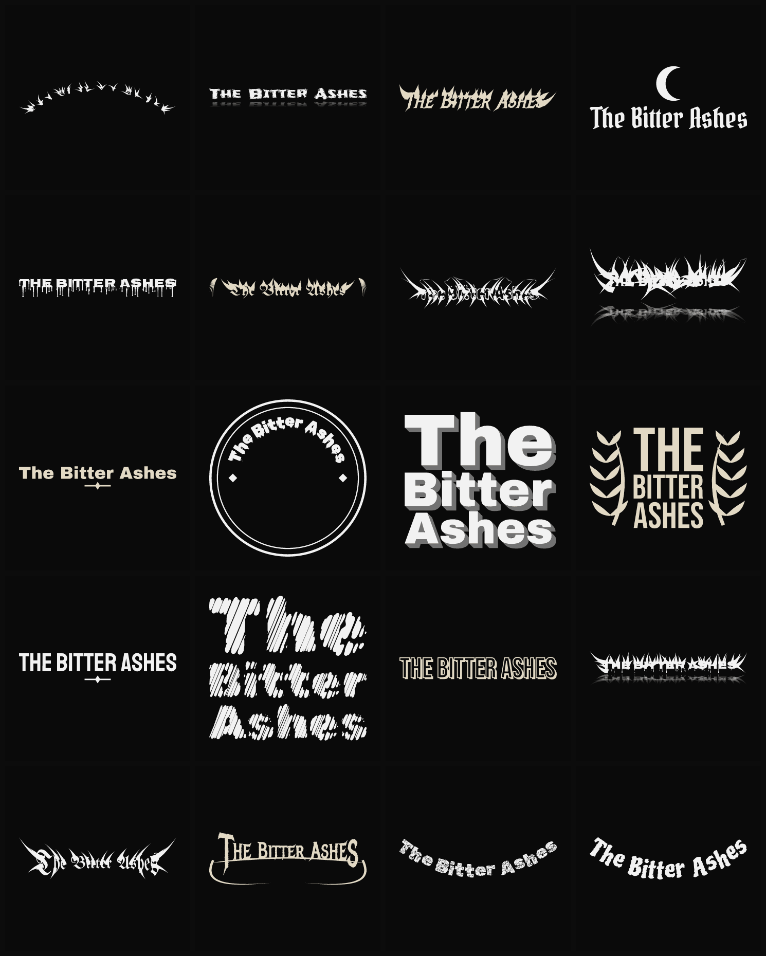 Twenty The Bitter Ashes band logo ideas — different faces, treatments and spike settings