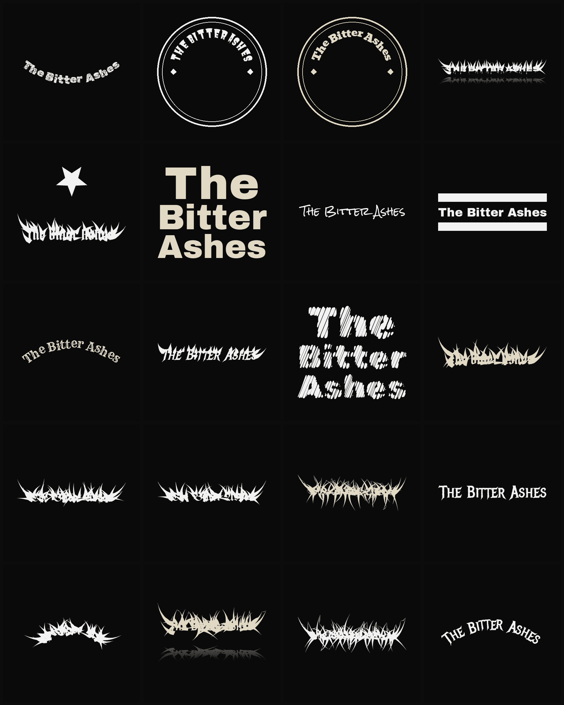 Twenty The Bitter Ashes band logo ideas — different faces, treatments and spike settings