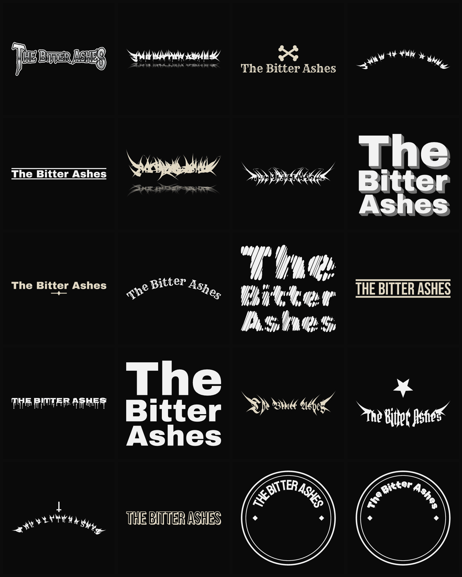 Twenty The Bitter Ashes band logo ideas — different faces, treatments and spike settings