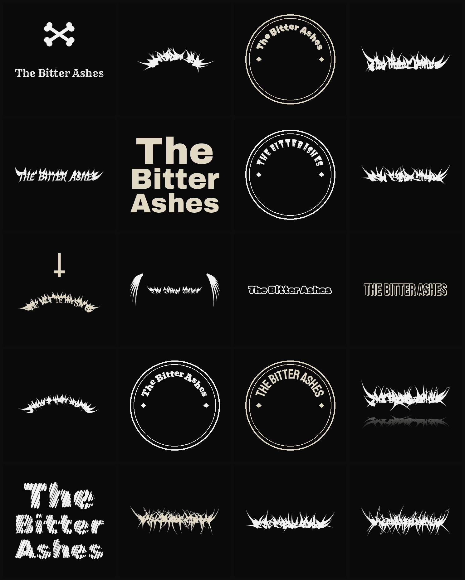 Twenty The Bitter Ashes band logo ideas — different faces, treatments and spike settings