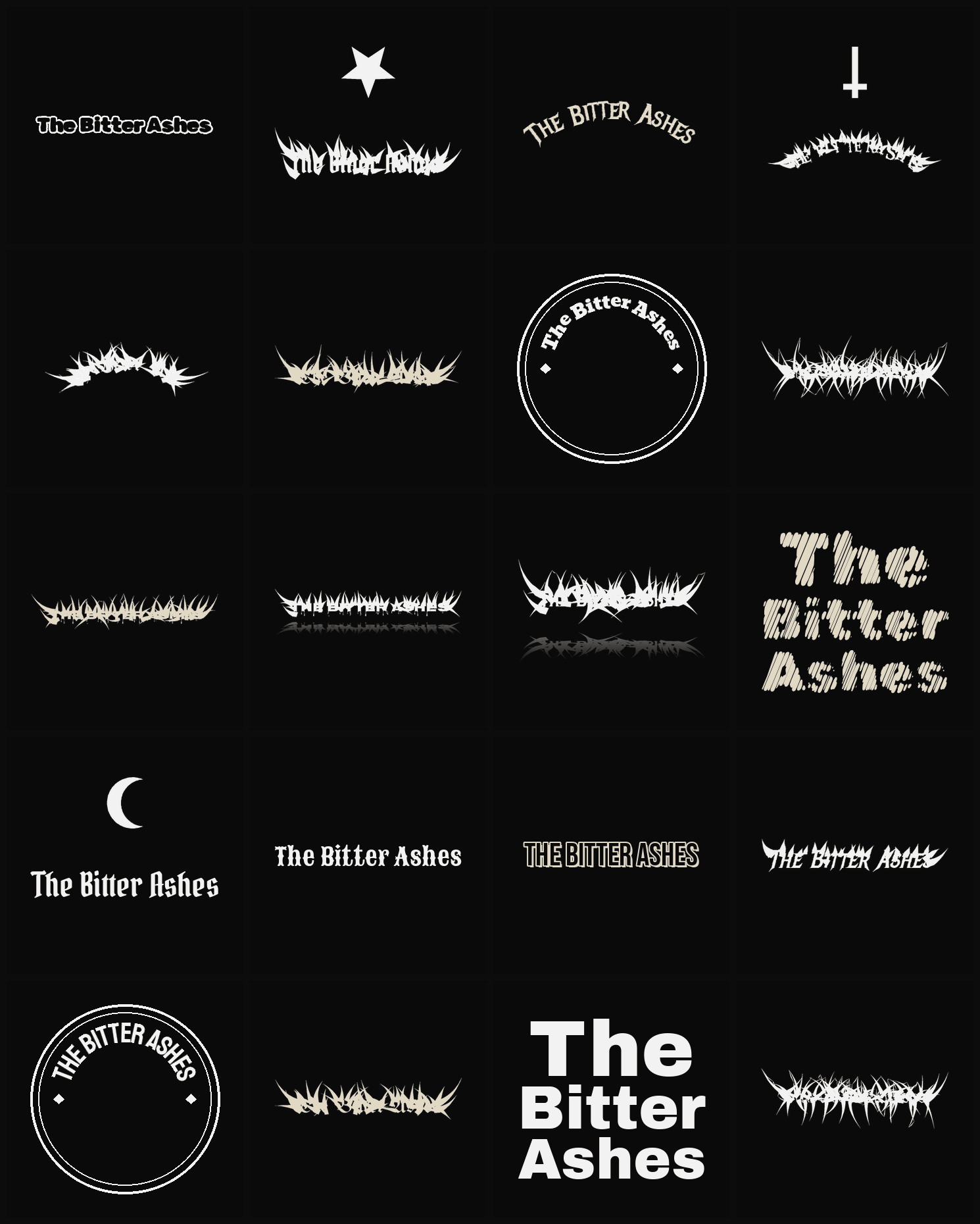 Twenty The Bitter Ashes band logo ideas — different faces, treatments and spike settings