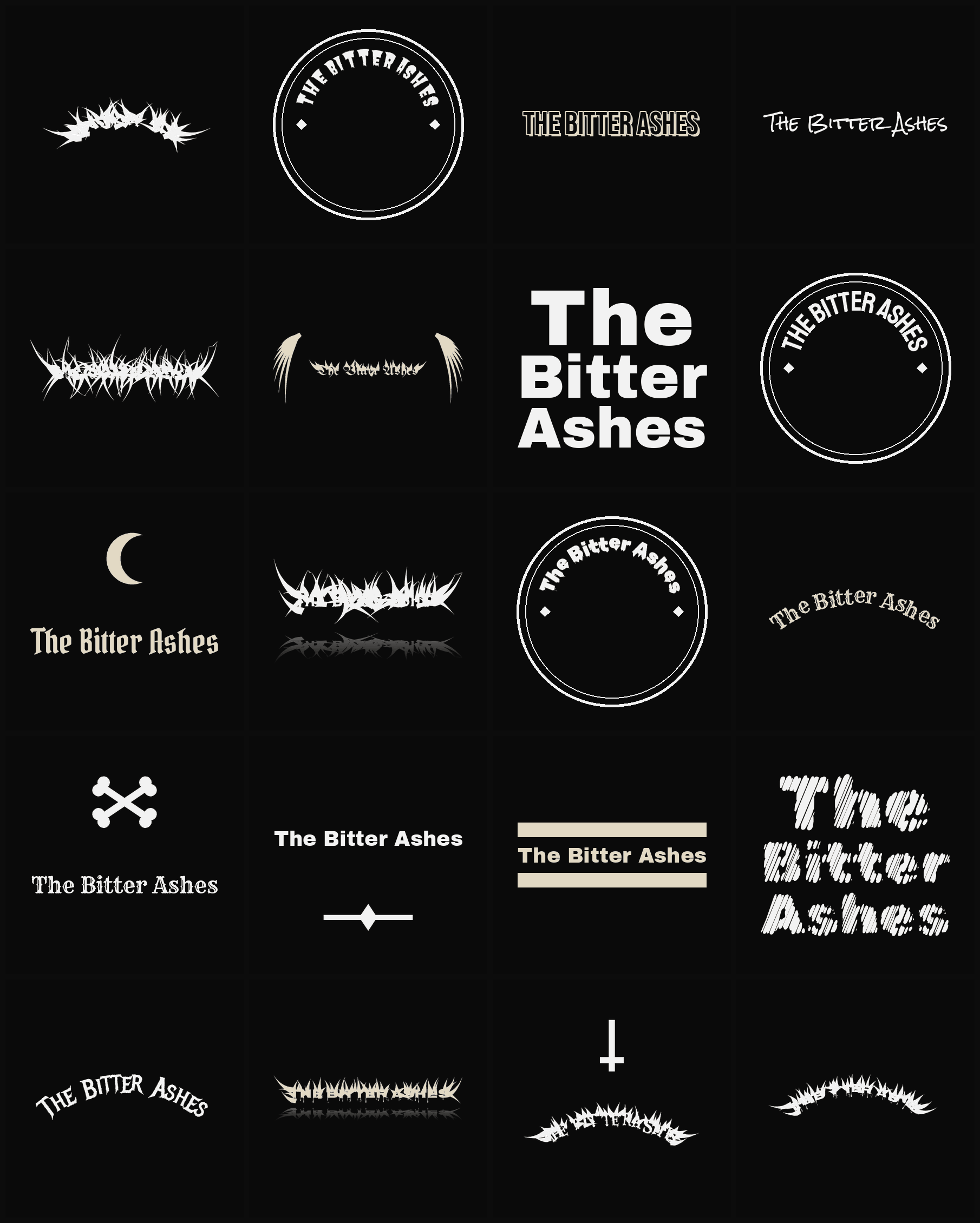 Twenty The Bitter Ashes band logo ideas — different faces, treatments and spike settings