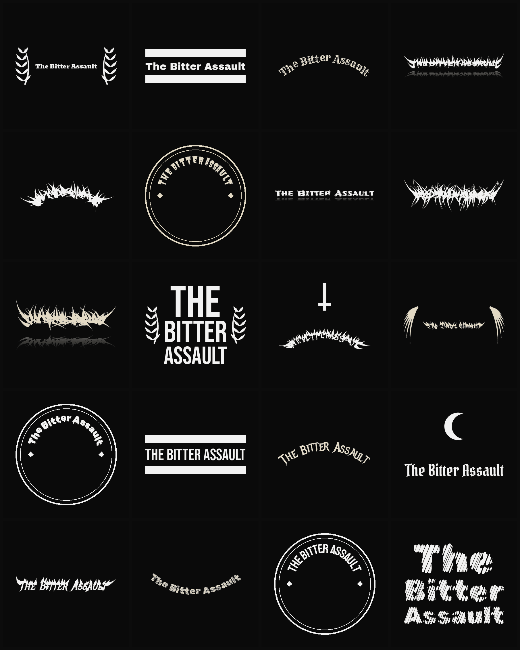 Twenty The Bitter Assault band logo ideas — different faces, treatments and spike settings
